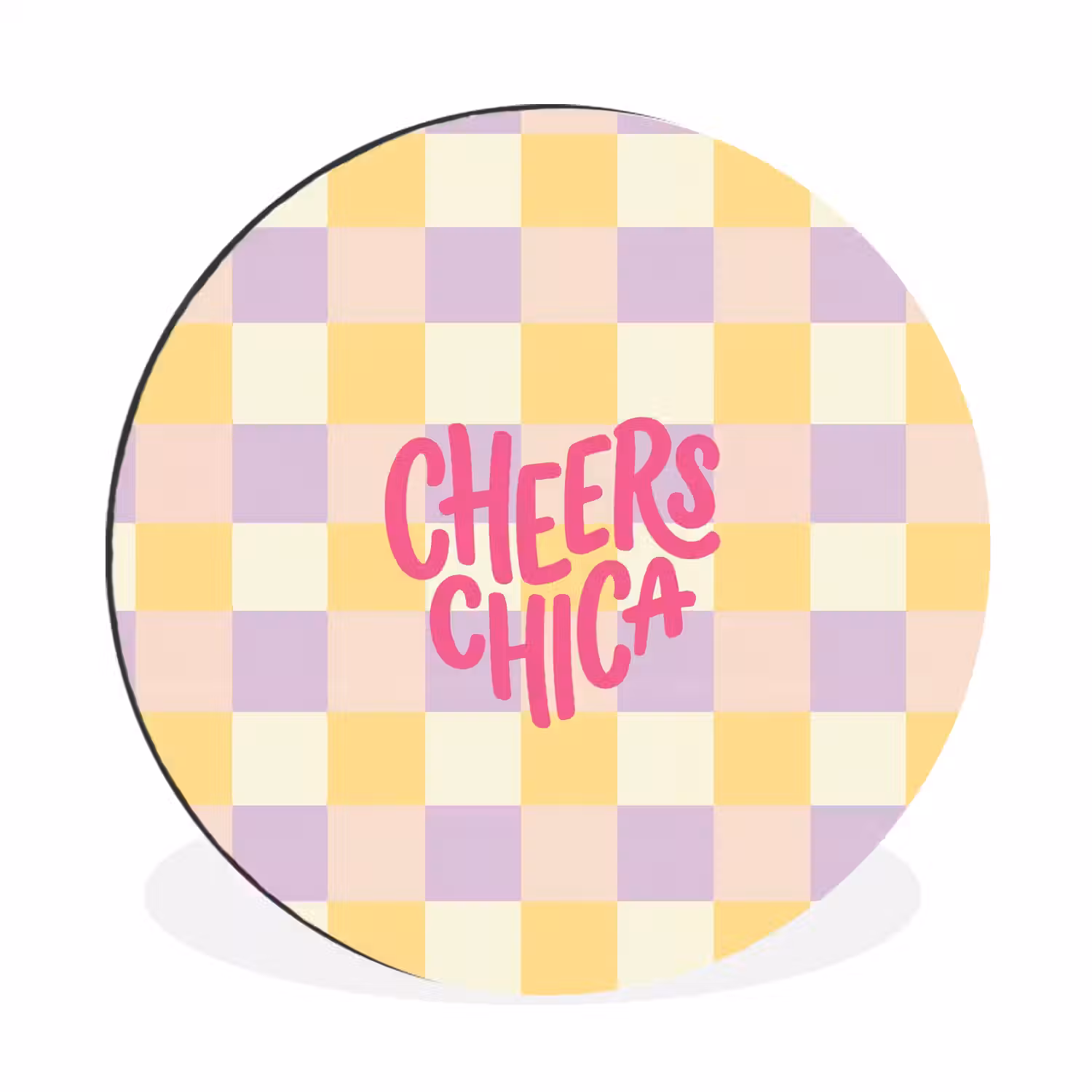 Cheers Chica - Ruitjes - Lila - Geel Wandcirkel aluminium klein -3d