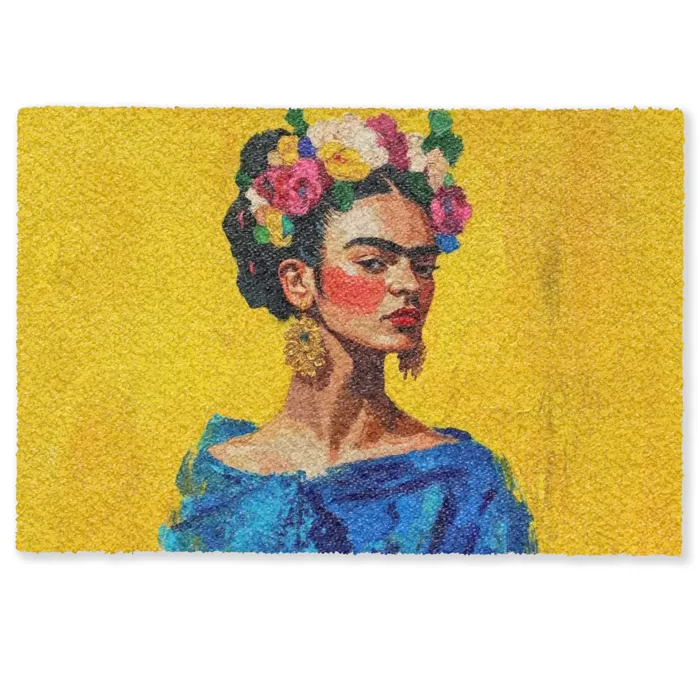 Frida Kahlo - Vrouw - Geel - Blauw - Bloemen Deurmat klein -zkaufland3d