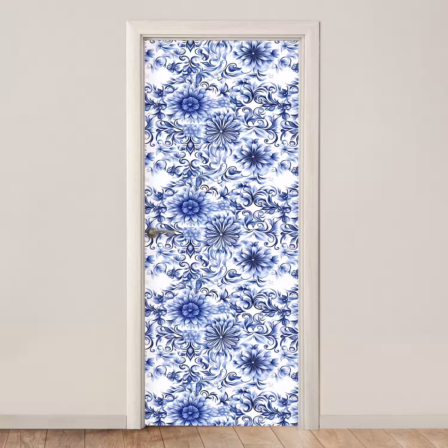 Bloemen - Blauw - Patroon - Wit deurposter klein 289 -3d_beige
