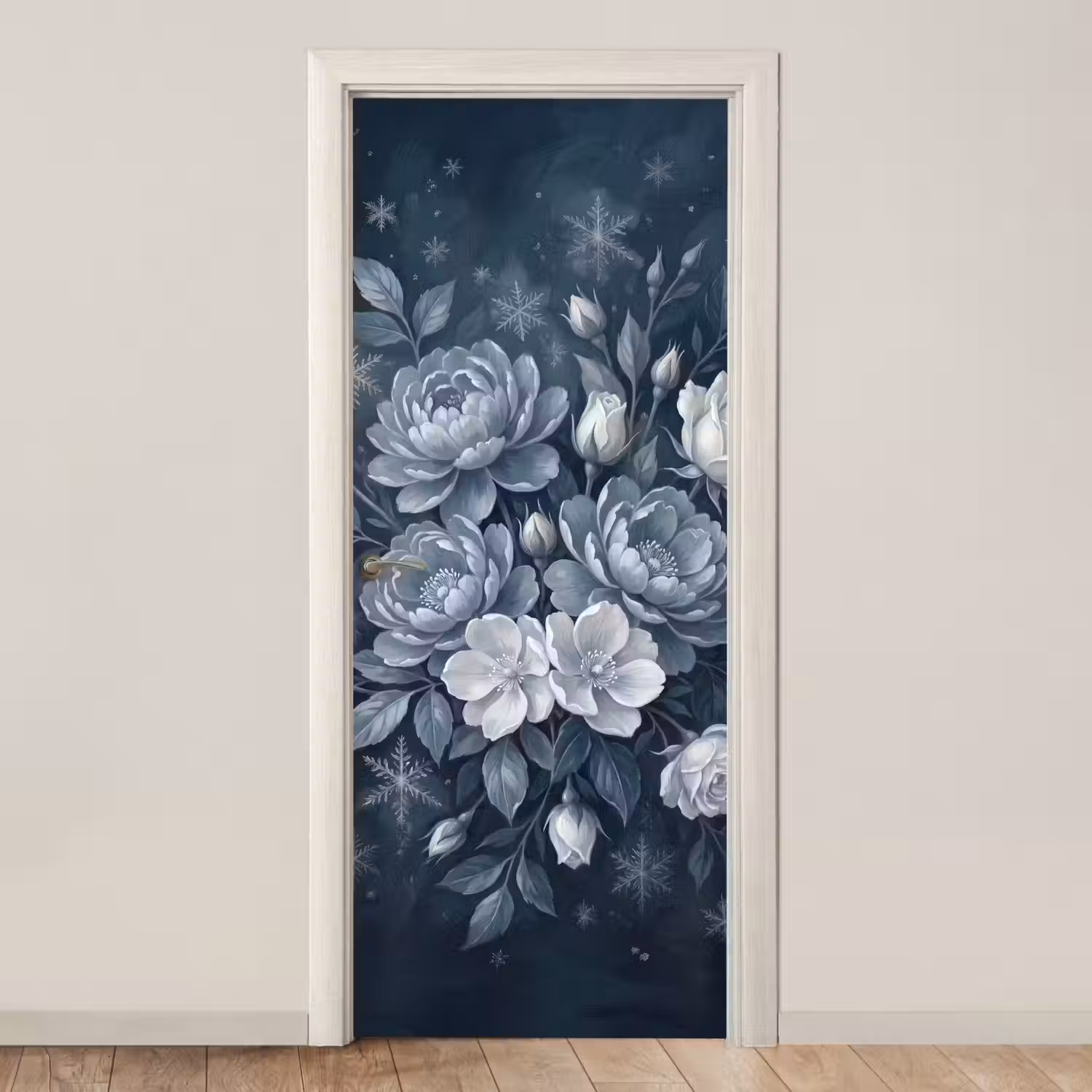 Bloemen - Boeket - Winter - Abstract - Blauw deurposter klein -3d_beige