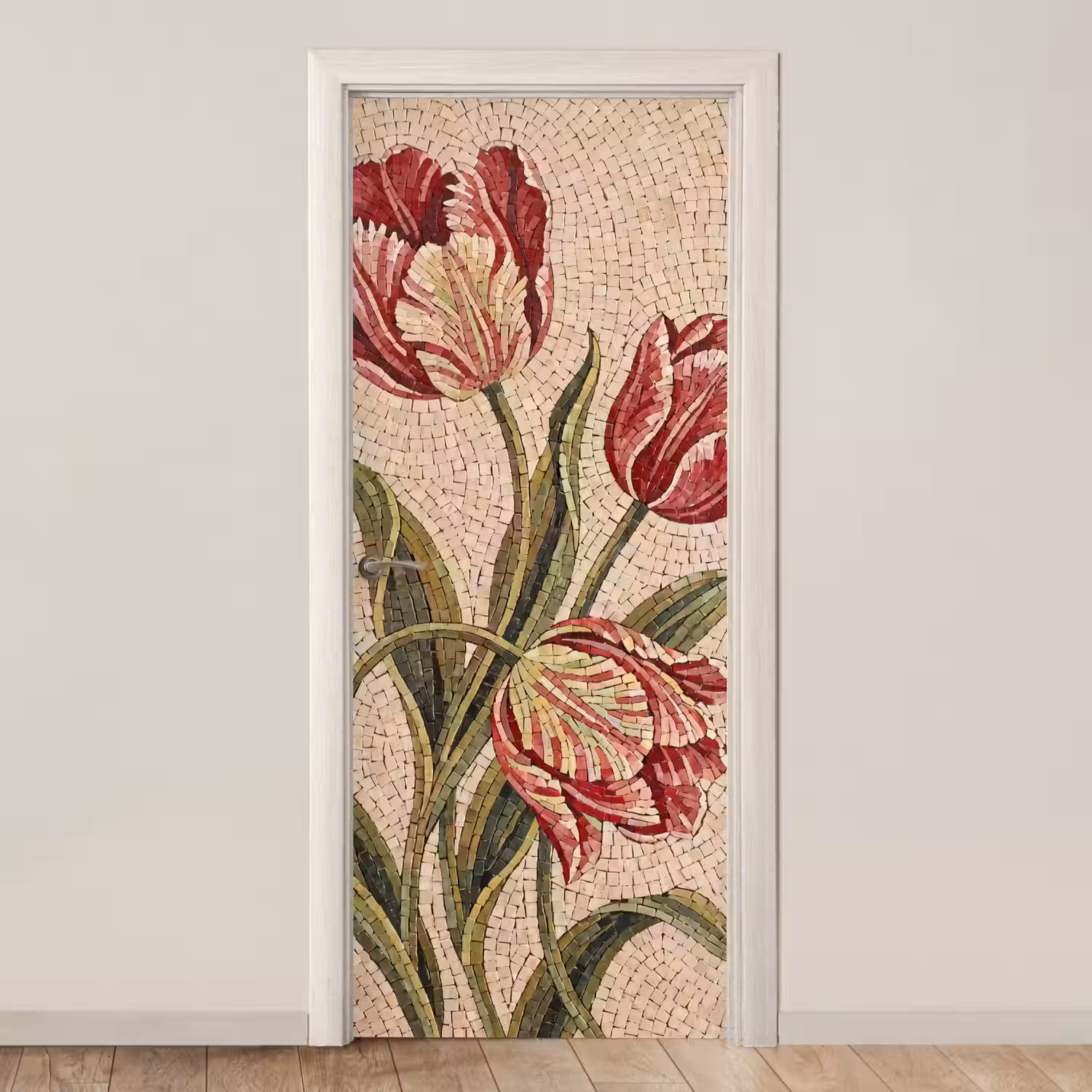 Bloemen - Mozaïek - Rood - Groen - Kunst deurposter klein -3d_beige