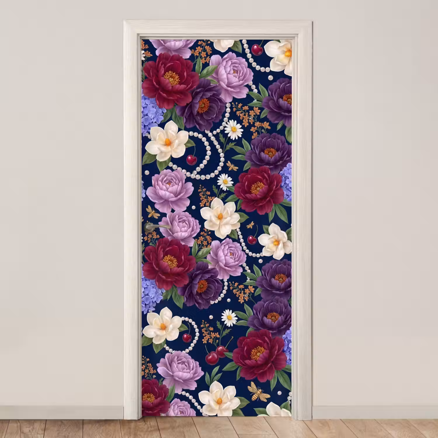 Bloemen - Parels - Decoratie - Modern - Blauw deurposter klein -3d_beige