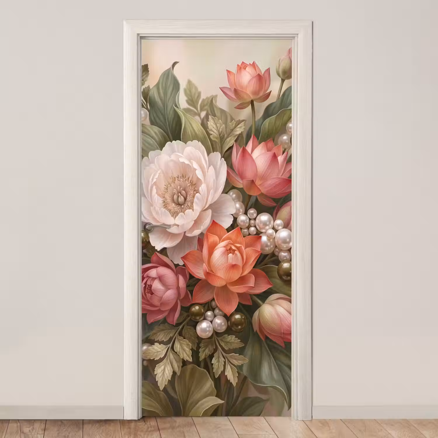 Bloemen - Parels - Elegant - Roze - Wit deurposter klein -3d_beige