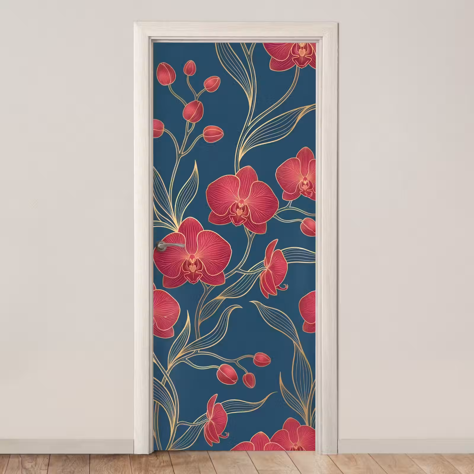 Deursticker - Bloemen - Rood - Goud - Bloemen - Rood - Goud deurposter klein