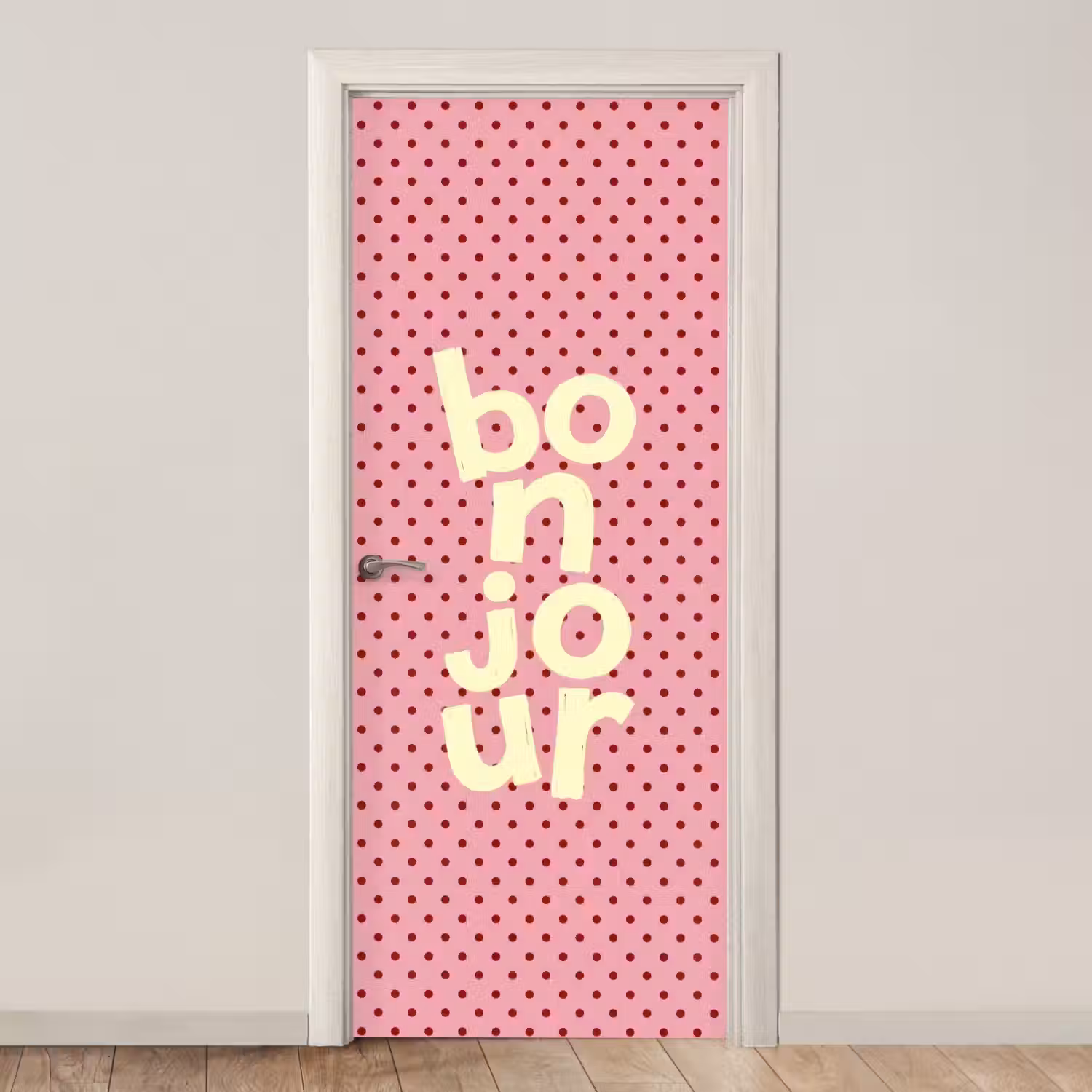 Bonjour - Stippen - Roze- Geel deurposter klein -3d_beige