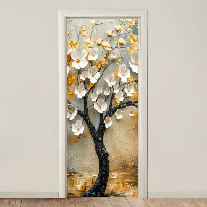 Boom - Bloemen - Goud - Beige deurposter klein -3d_beige