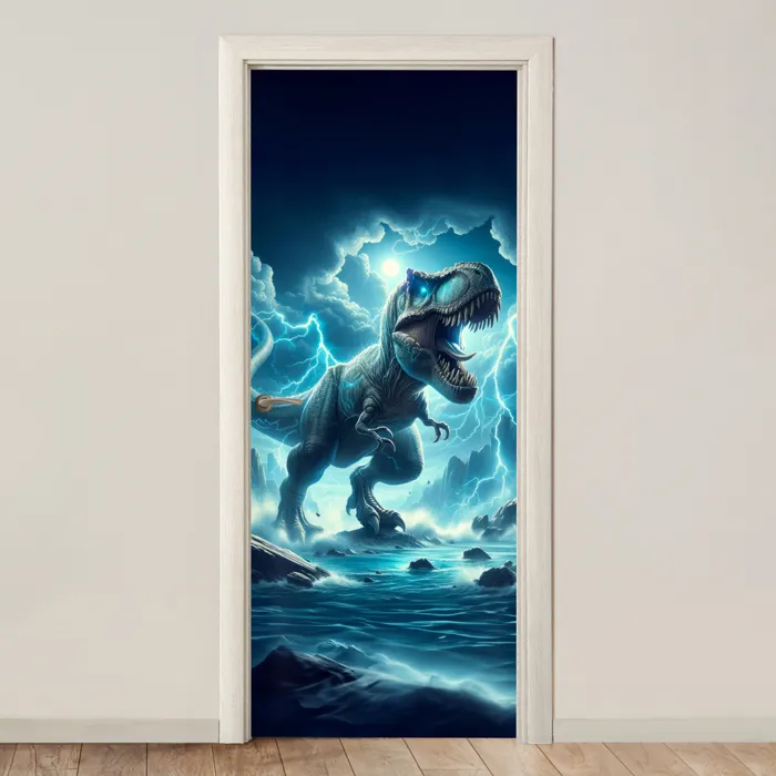 Dino - Blauw - Jongens deurposter klein -3d_beige