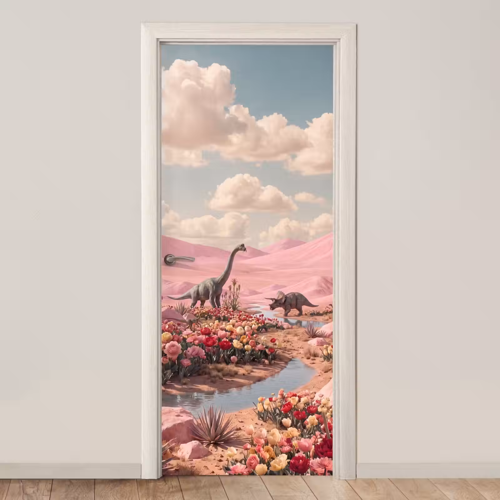 Deursticker - Dinosaurus - Roze - Landschap - Dinosaurus - Roze - Landschap deurposter klein