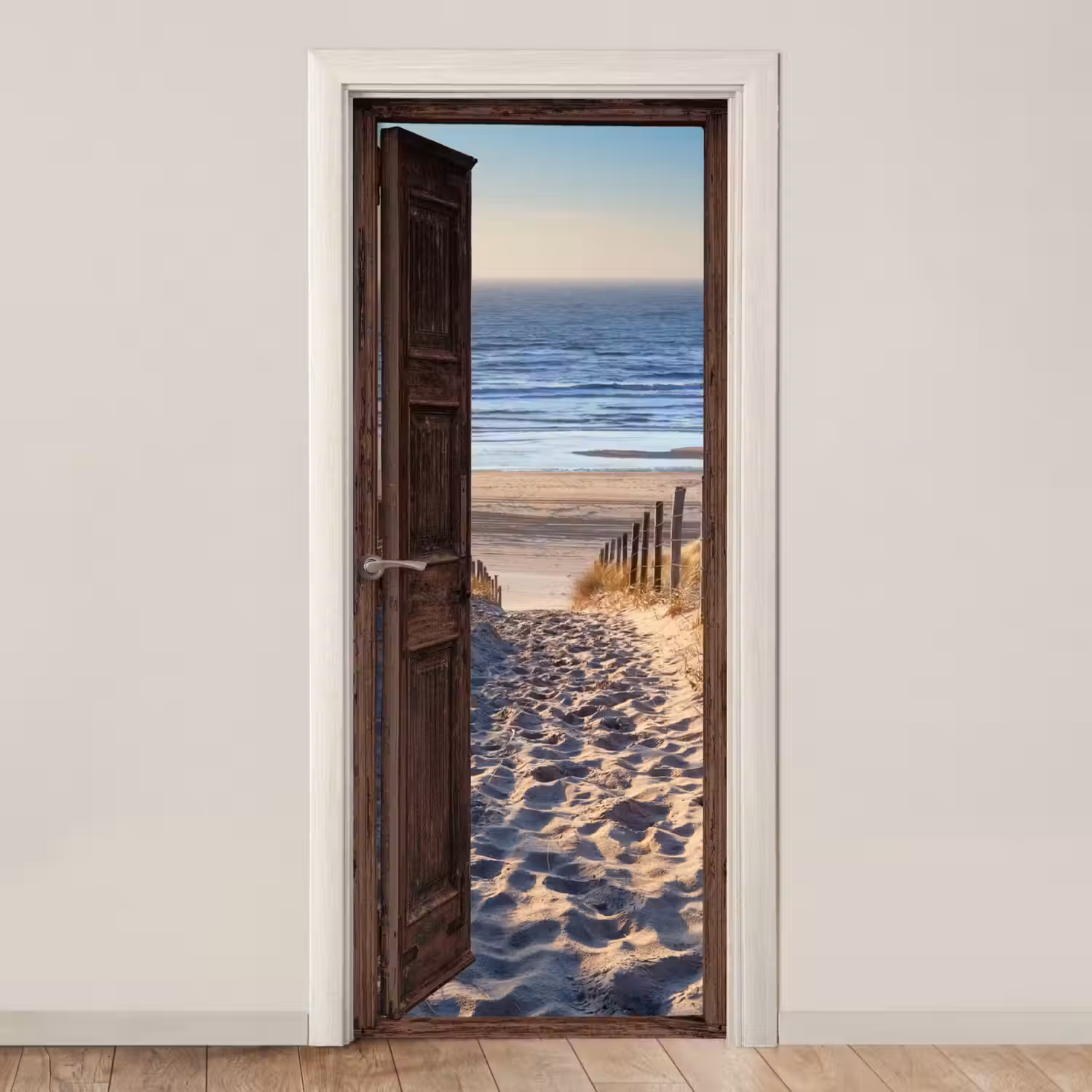 Doorkijk - Strand - Zee - Pad - Duinen deurposter klein -3d_beige