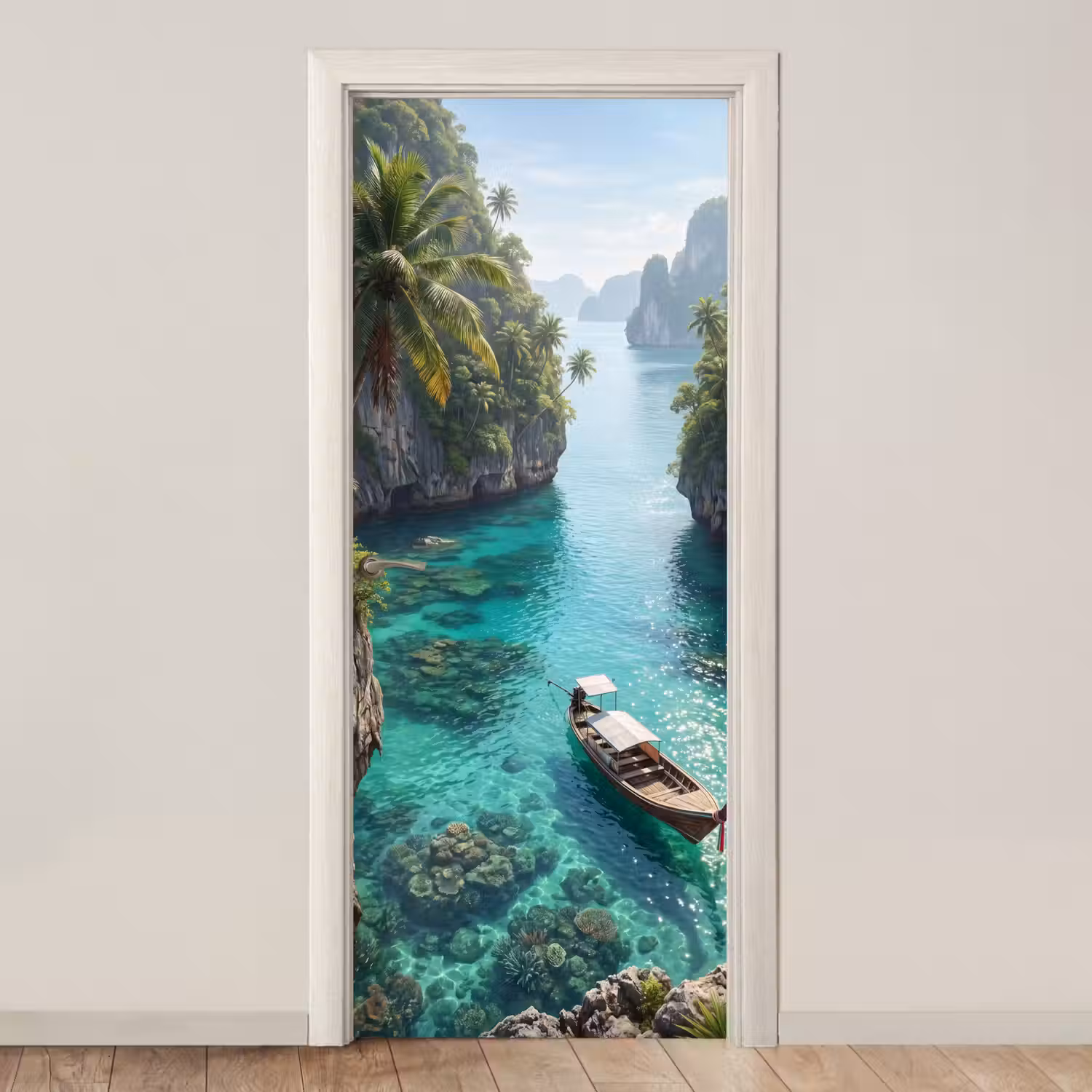 Eiland - Tropisch - Water - Palmbomen - Natuur deurposter klein -3d_beige