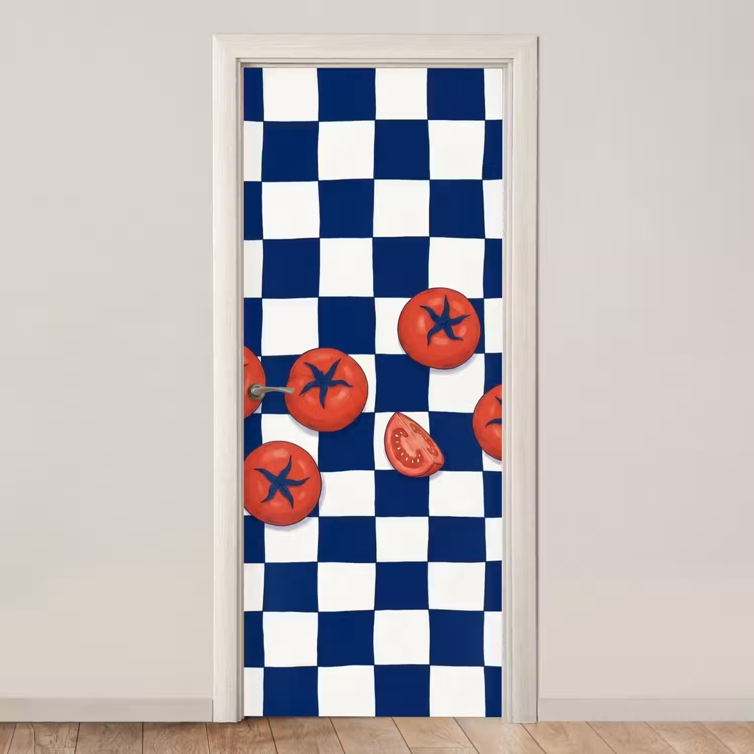 Eten - Tomaten - Keuken - Illustratie - Rood-Blauw deurposter klein -3d_beige
