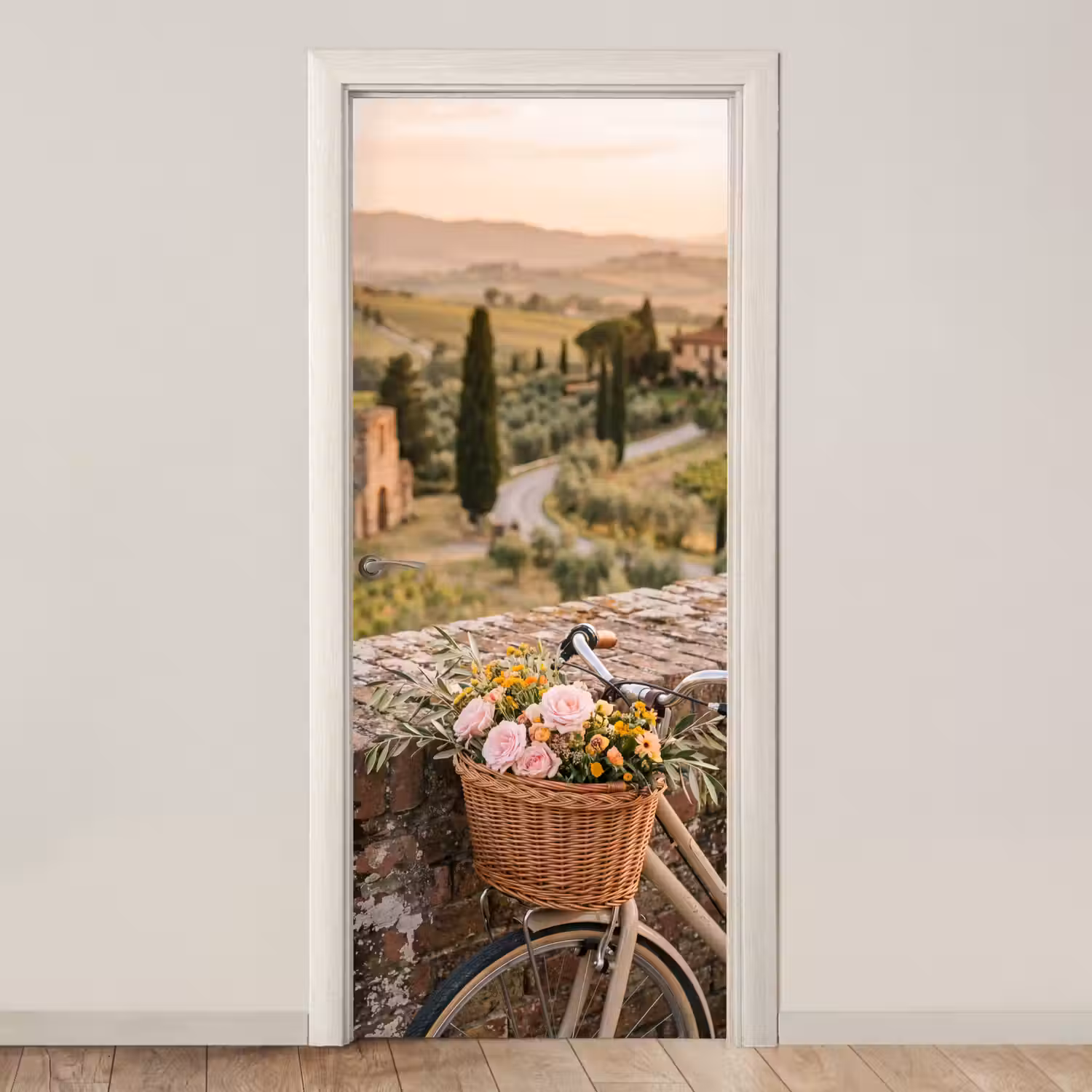 Fiets - Bloemen - Toscane - Landschap - Roze deurposter klein -3d_beige