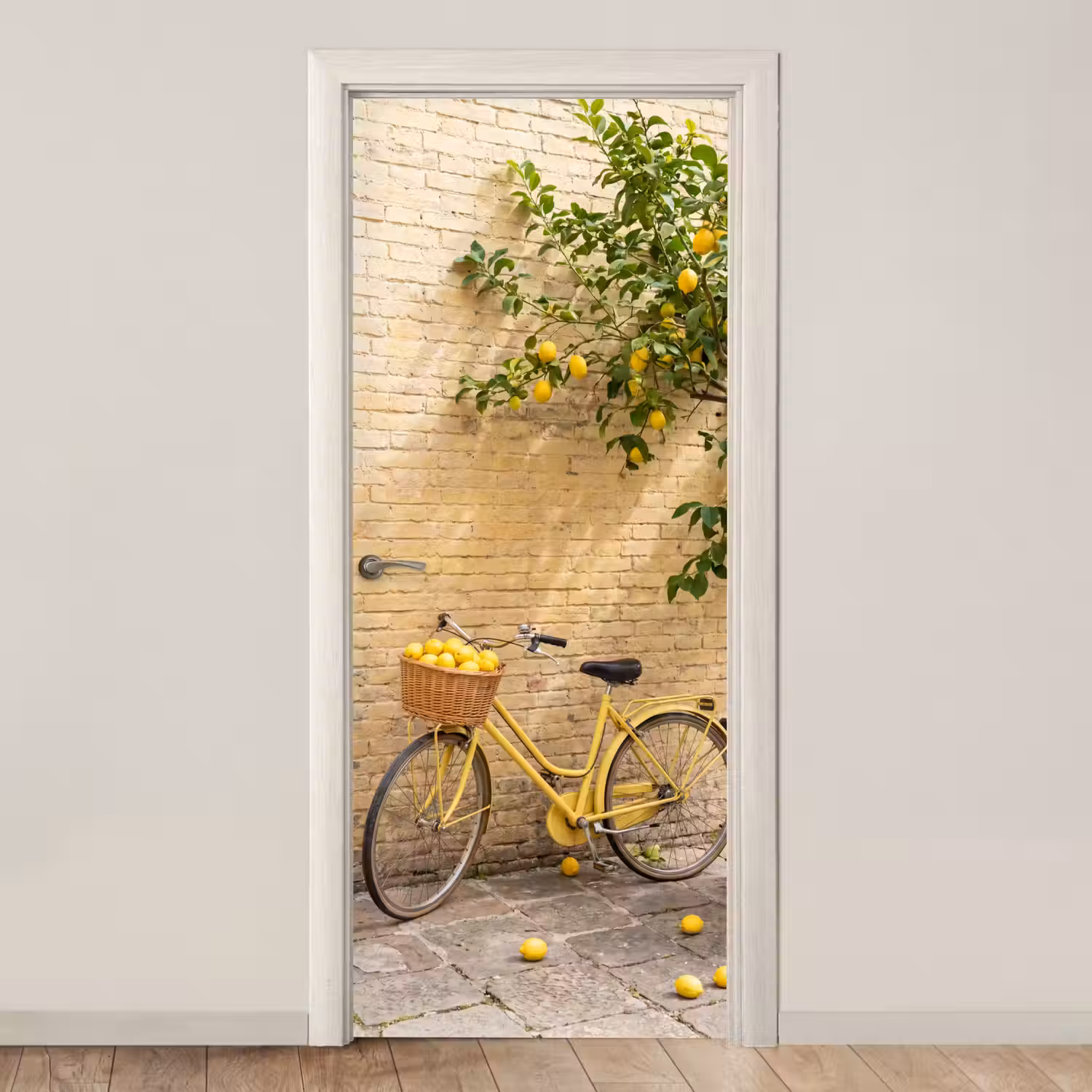 Fiets - Mand - Eten - Geel - Zomer deurposter klein -3d_beige