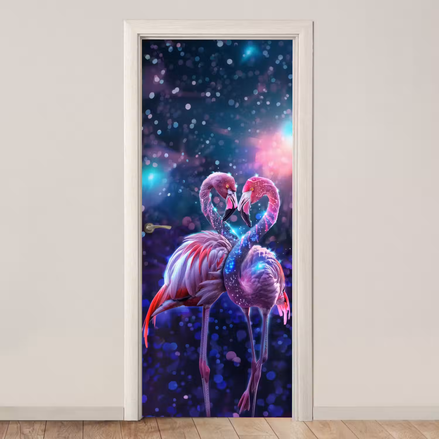 Flamingo's - Dieren - Ruimte - Galaxy deurposter klein -3d_beige