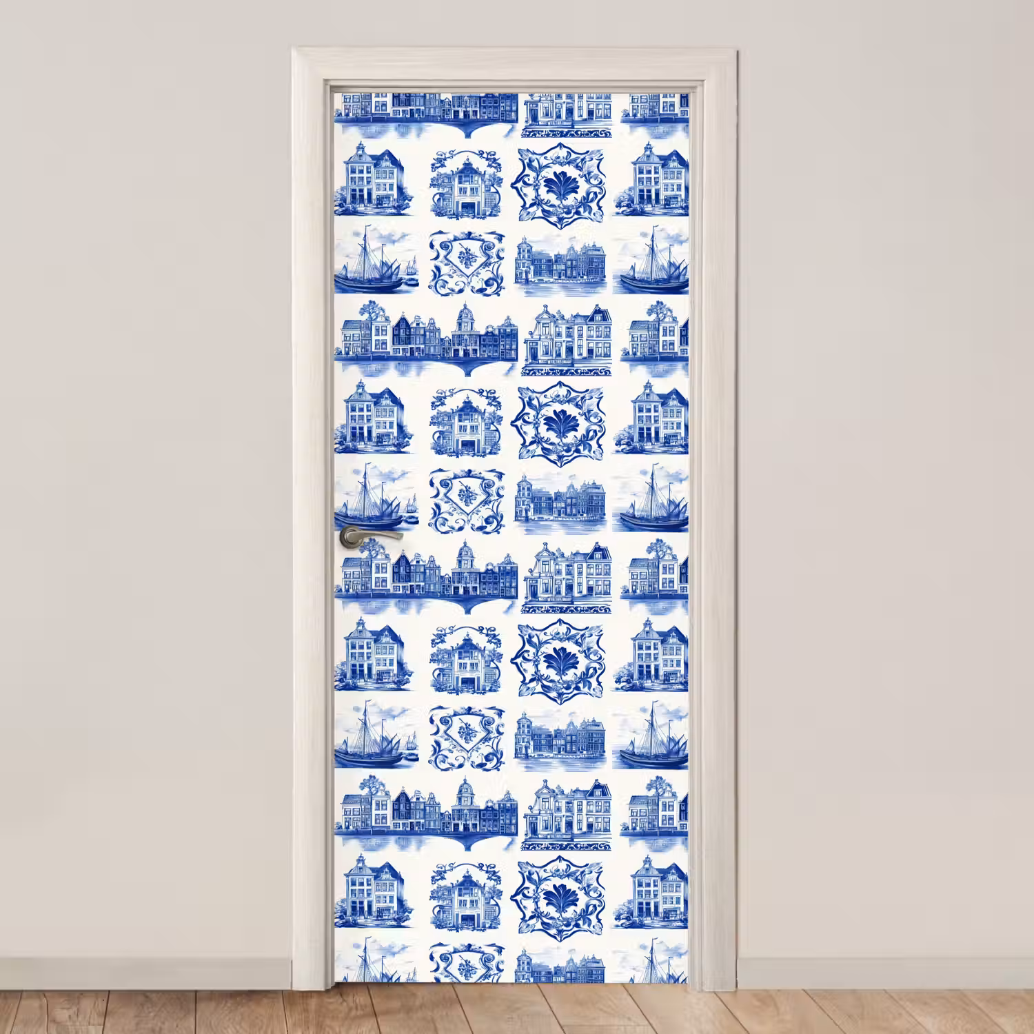 Huizen - Schepen - Blauw deurposter klein 289 -3d_beige