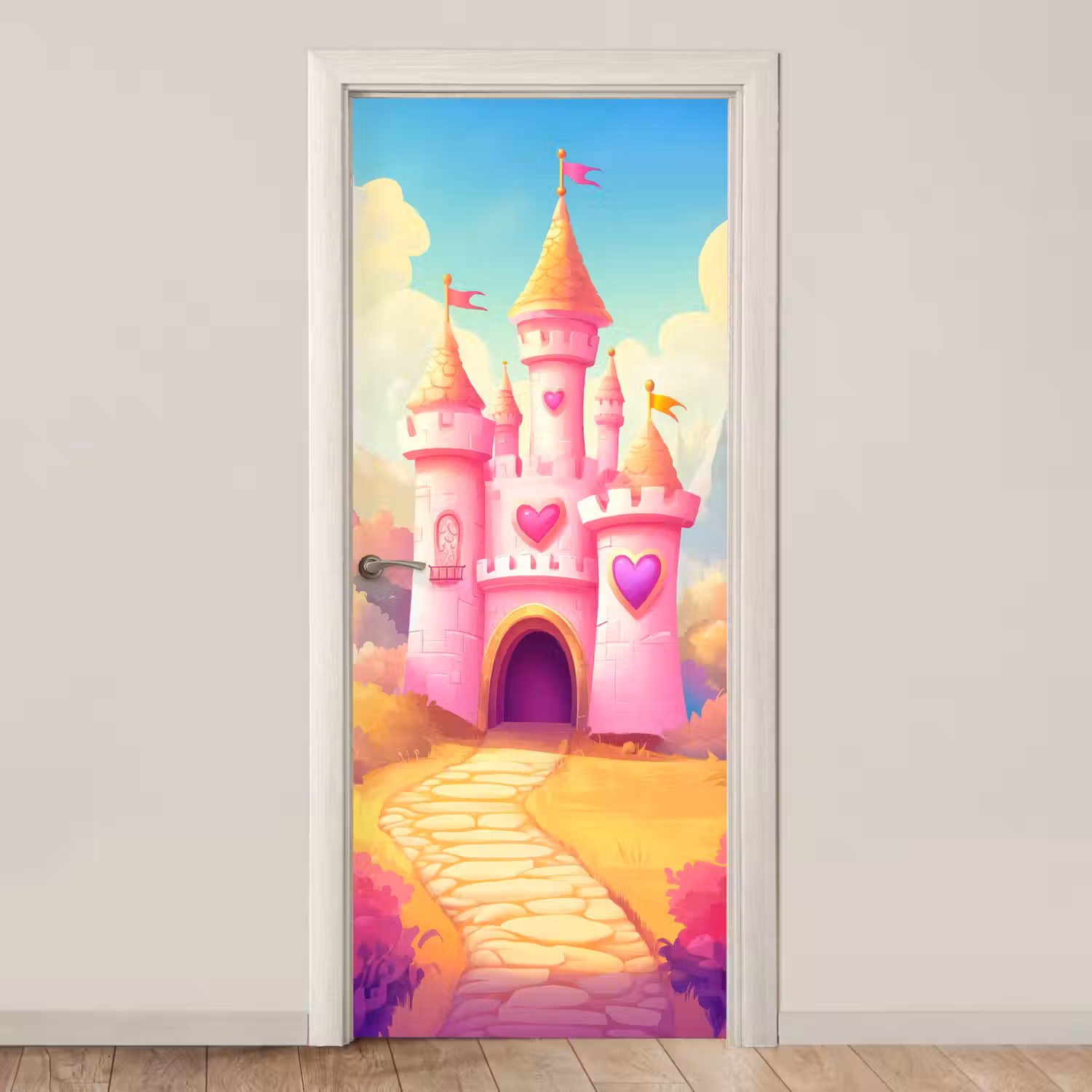 Kasteel - Roze - Pad - Sprookje - Fantasie deurposter klein -3d_beige