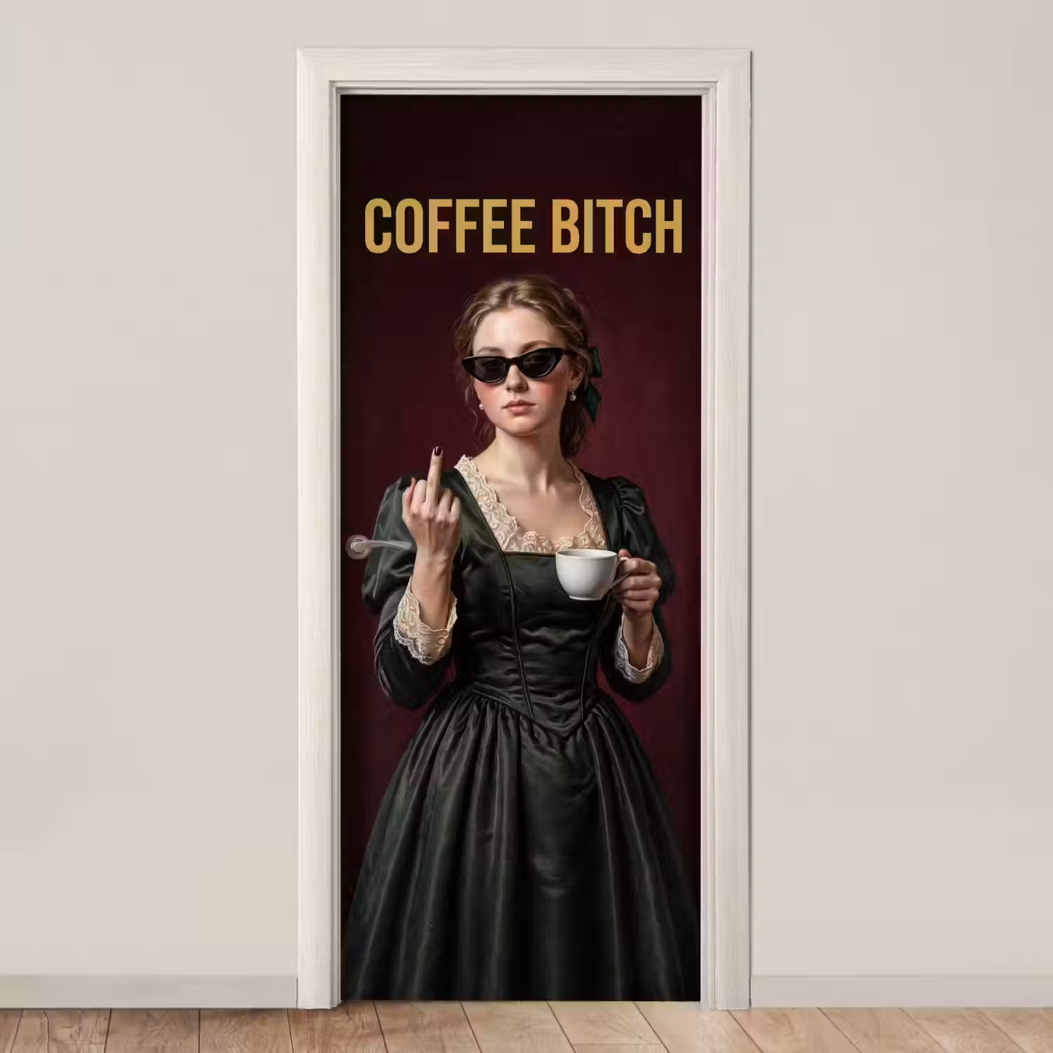 Koffie - Vrouw - Middelvinger deurposter klein -3d_beige