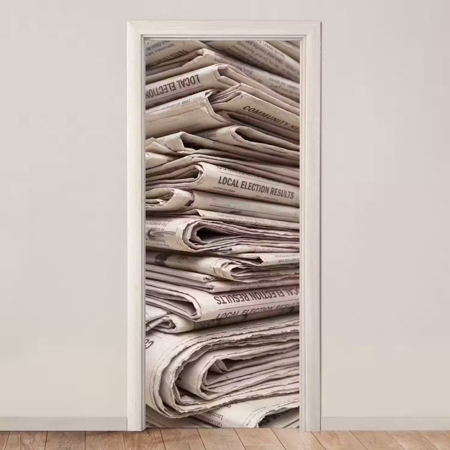 Kranten - Stapel - Nieuws - Vintage - Beige deurposter klein -3d_beige