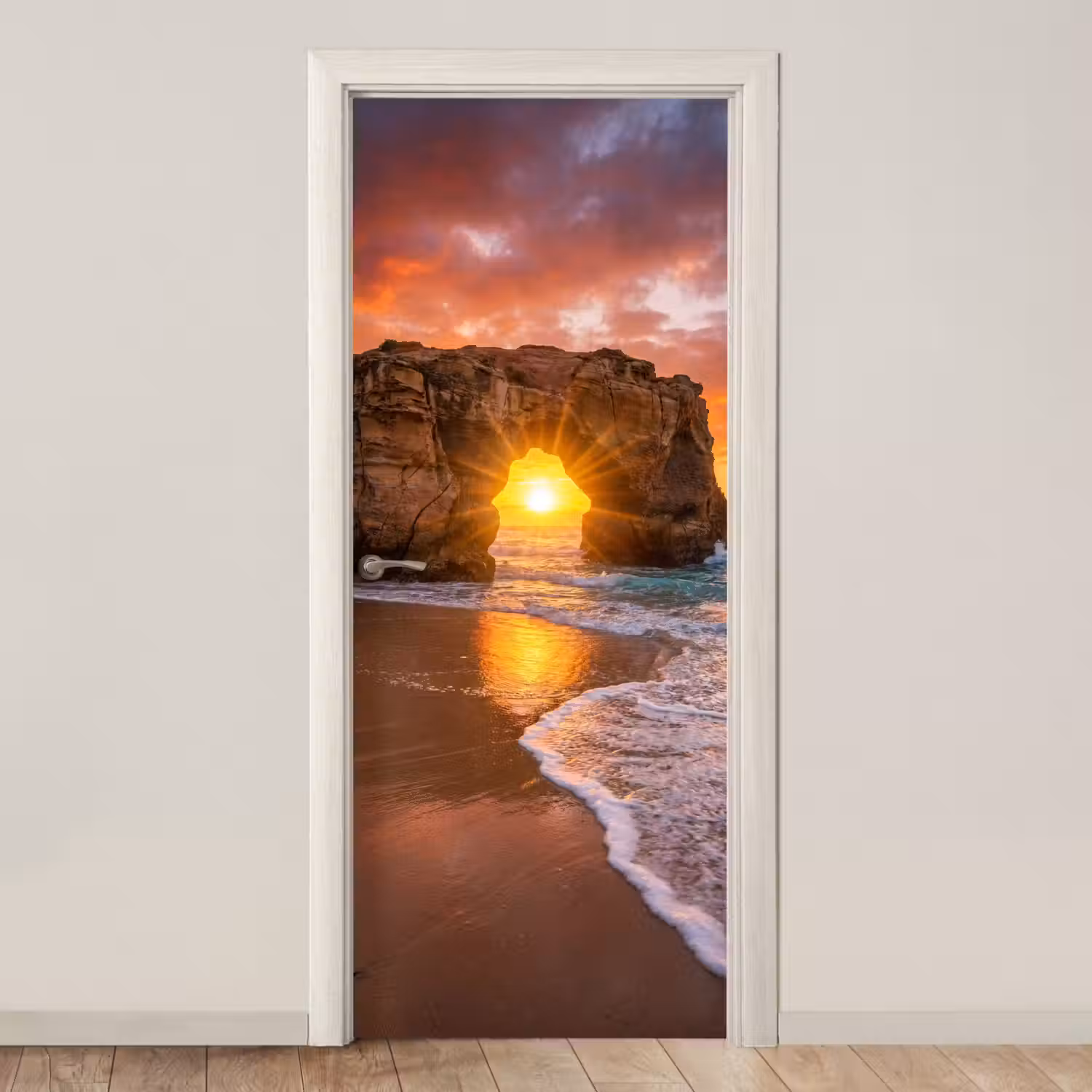 Kust - Rots - Zonsondergang - Zee - Natuur deurposter klein -3d_beige