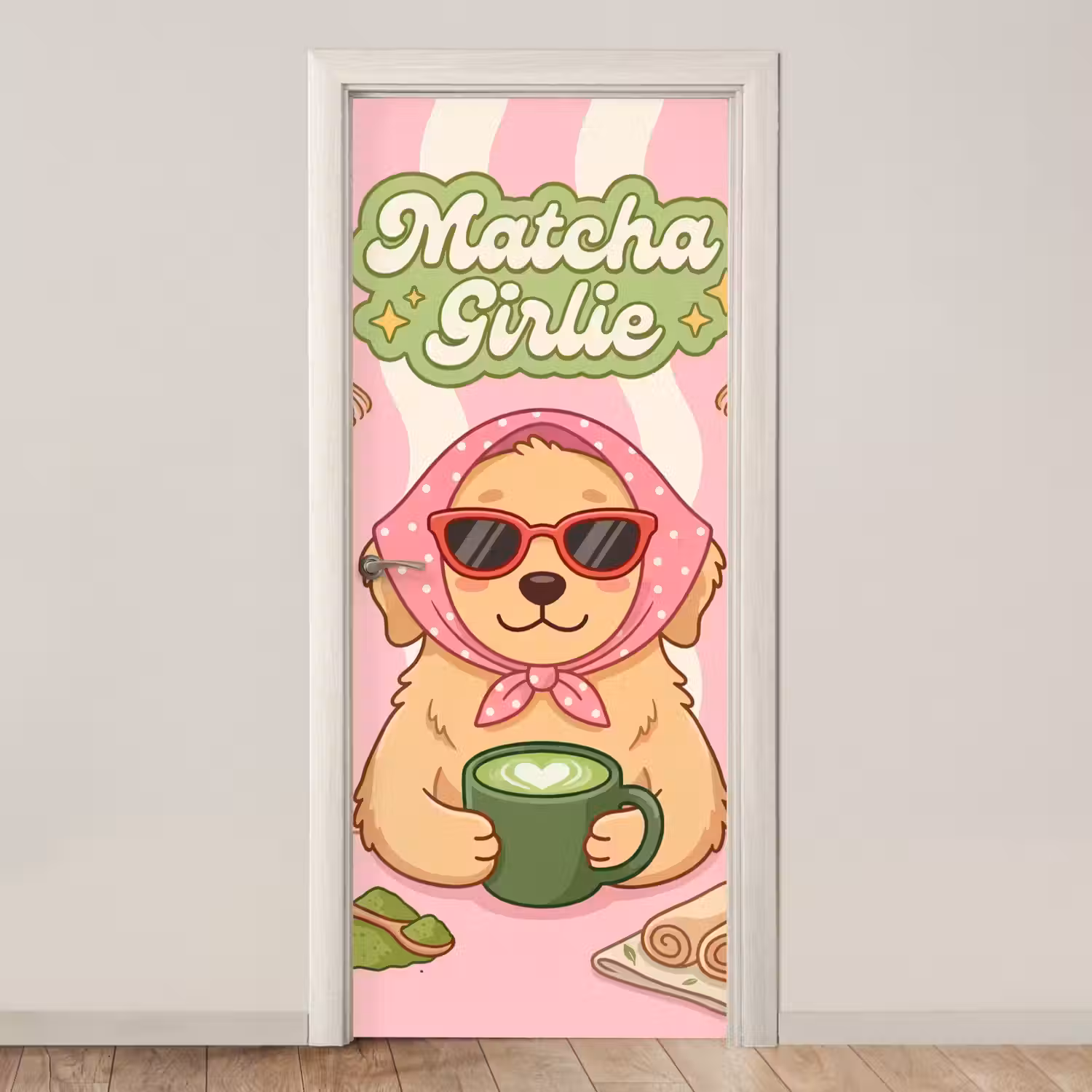 Matcha - Hond - Roze - Groen deurposter klein -3d_beige