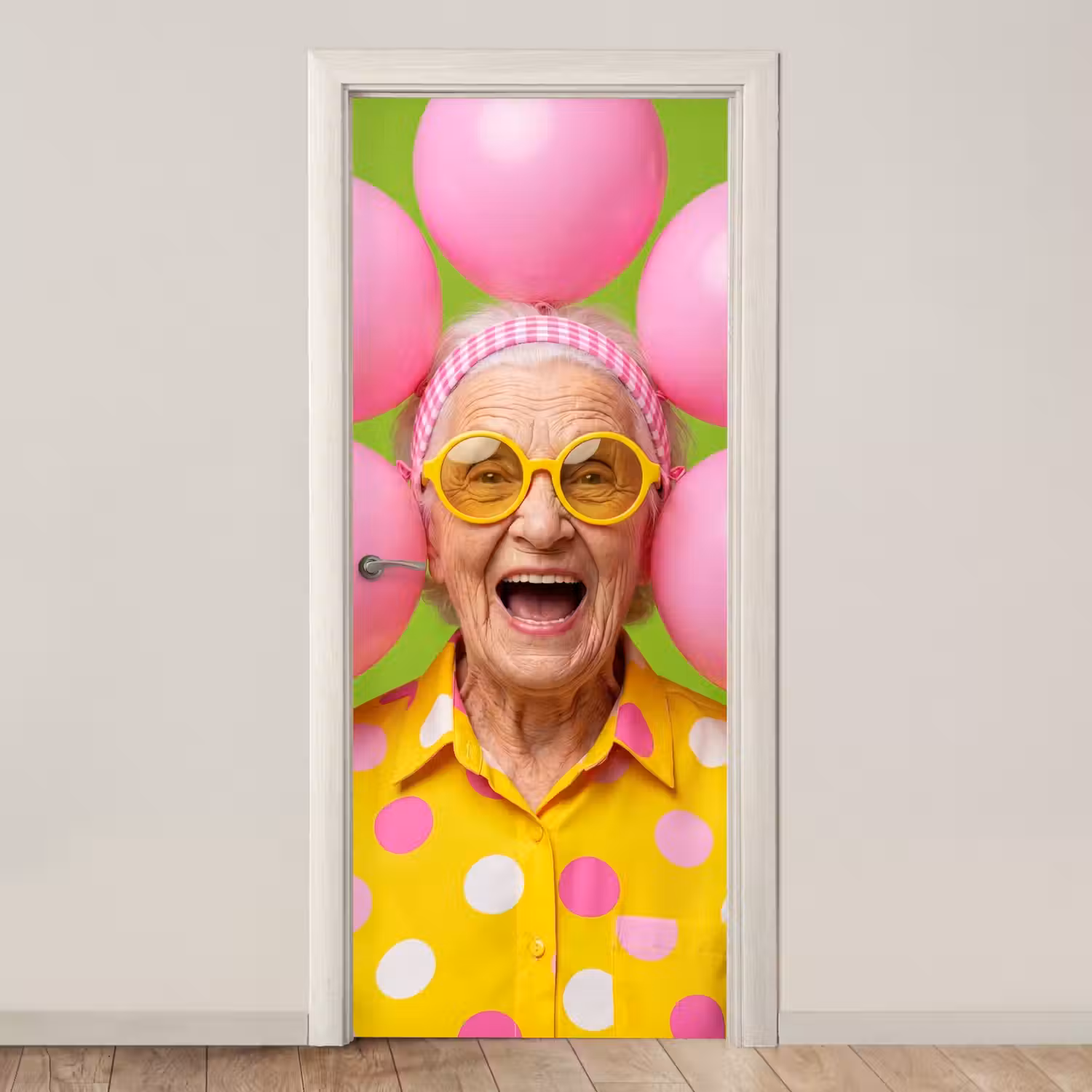 Mens - Ballonnen - Feest - Kleurrijk - Roze deurposter klein -3d_beige