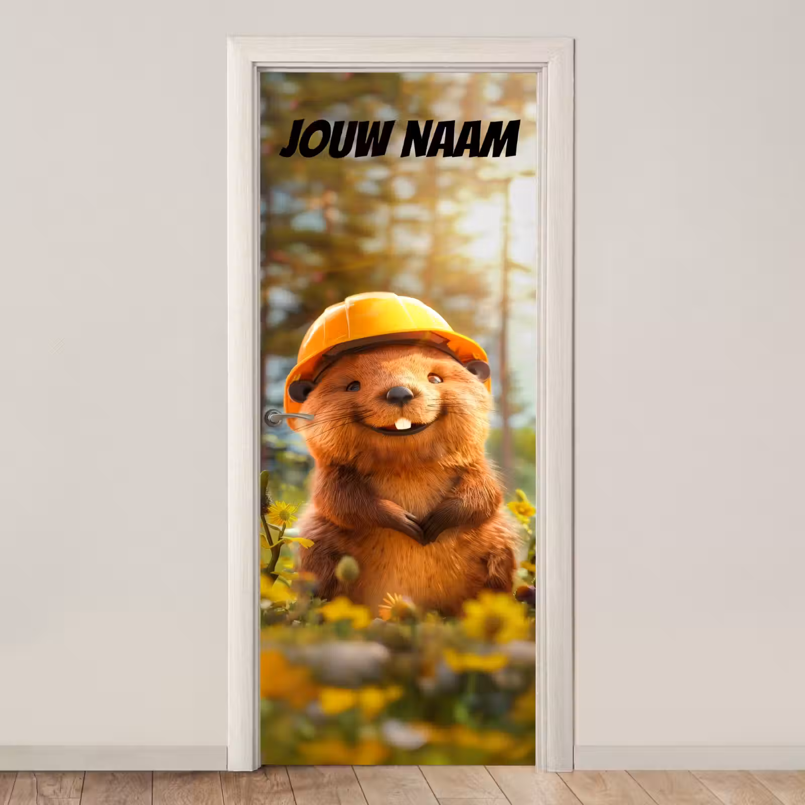 Schattige bever met bouwhelm tussen bloemen en de tekst “Deze kamer is van: jouw naam”. deurposter klein -3d_beige