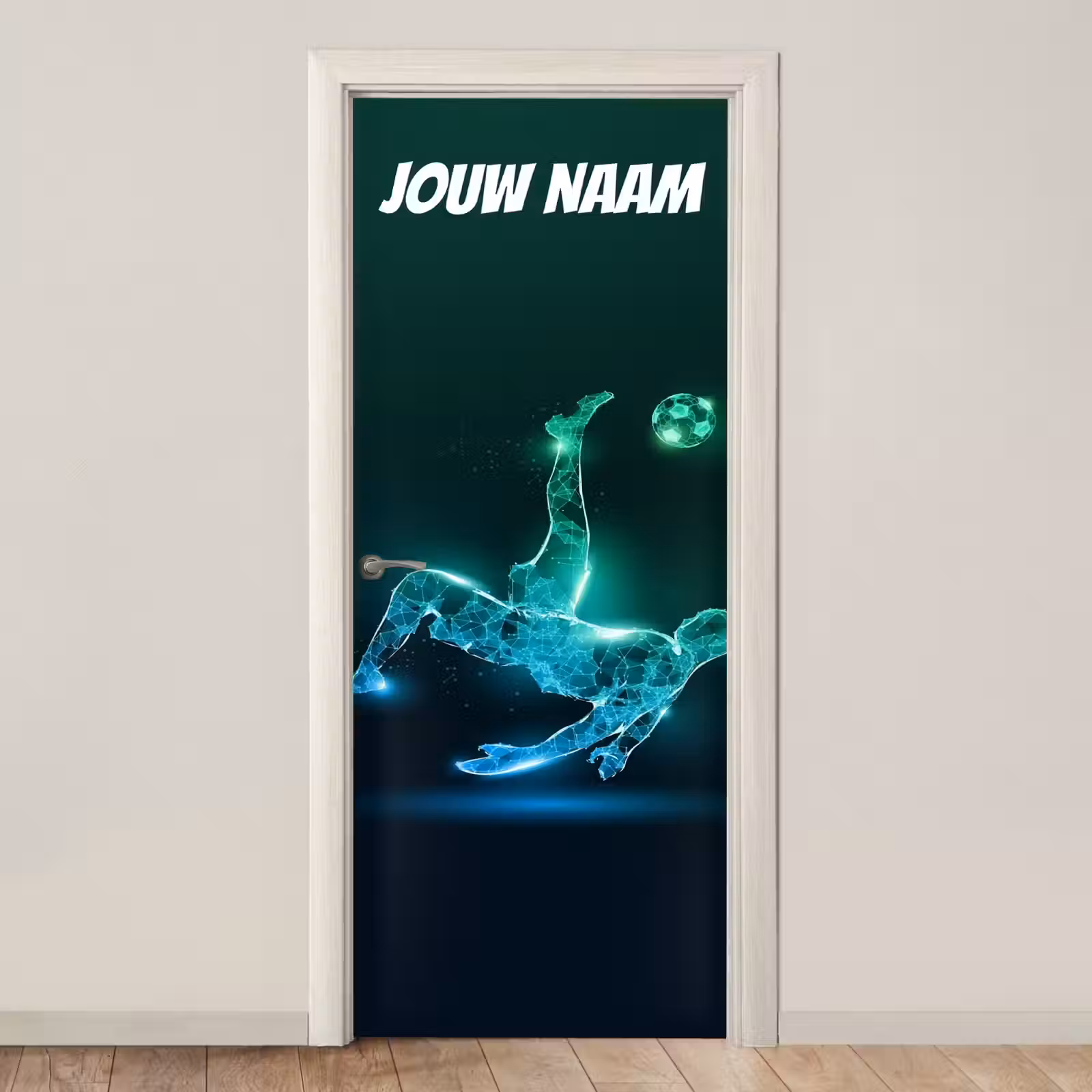 Futuristische voetballer en bal met de tekst “Deze kamer is van: jouw naam”. deurposter klein -3d_beige