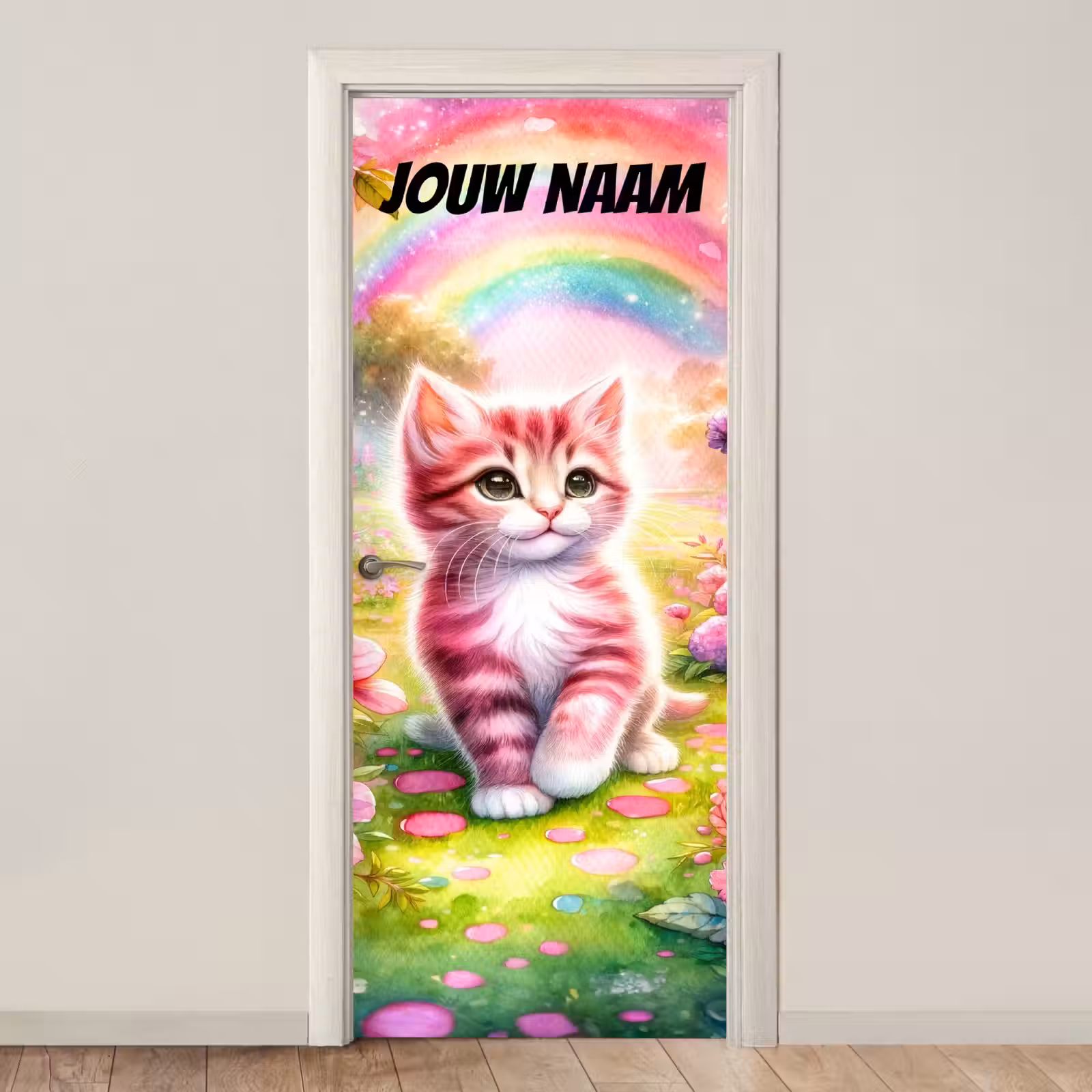 Schattige kitten in roze tinten met regenboog en de tekst “Deze kamer is van: jouw naam”. deurposter klein -3d_beige