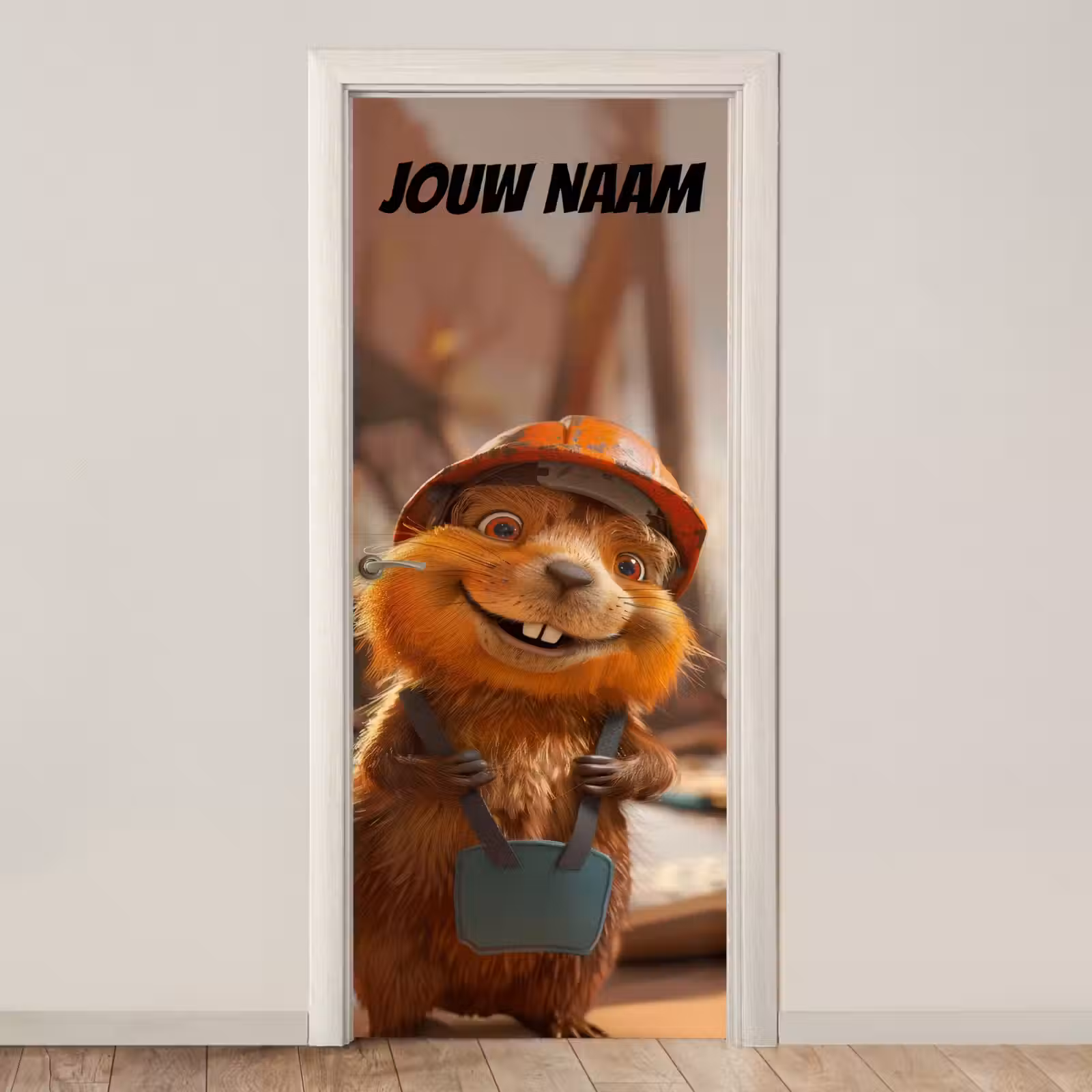 Schattig dier met bouwhelm en tas en de tekst “Deze kamer is van: jouw naam”. deurposter klein -3d_beige