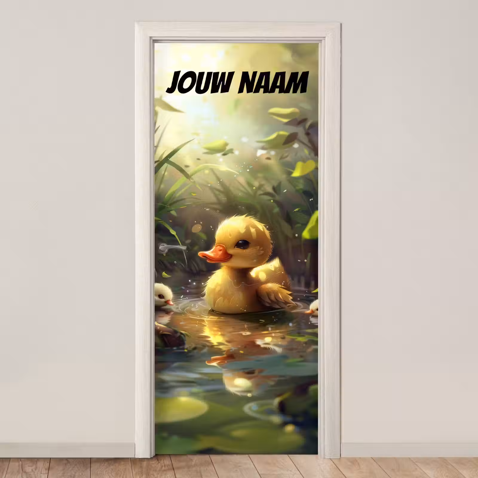 Schattig eendje in water met de tekst “Deze kamer is van: jouw naam”. deurposter klein -3d_beige