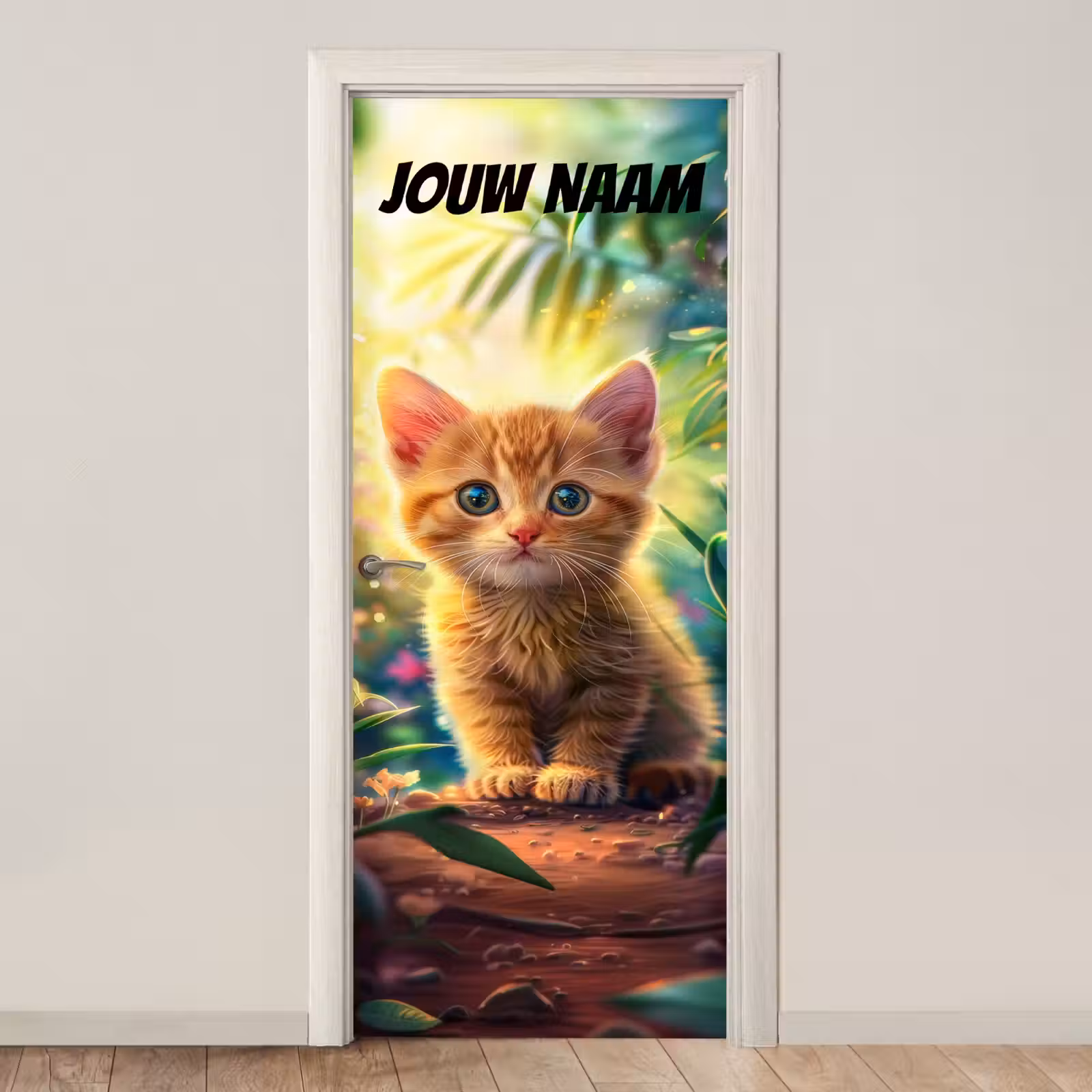 Schattig kitten in de natuur met de tekst “Deze kamer is van: jouw naam”. deurposter klein -3d_beige