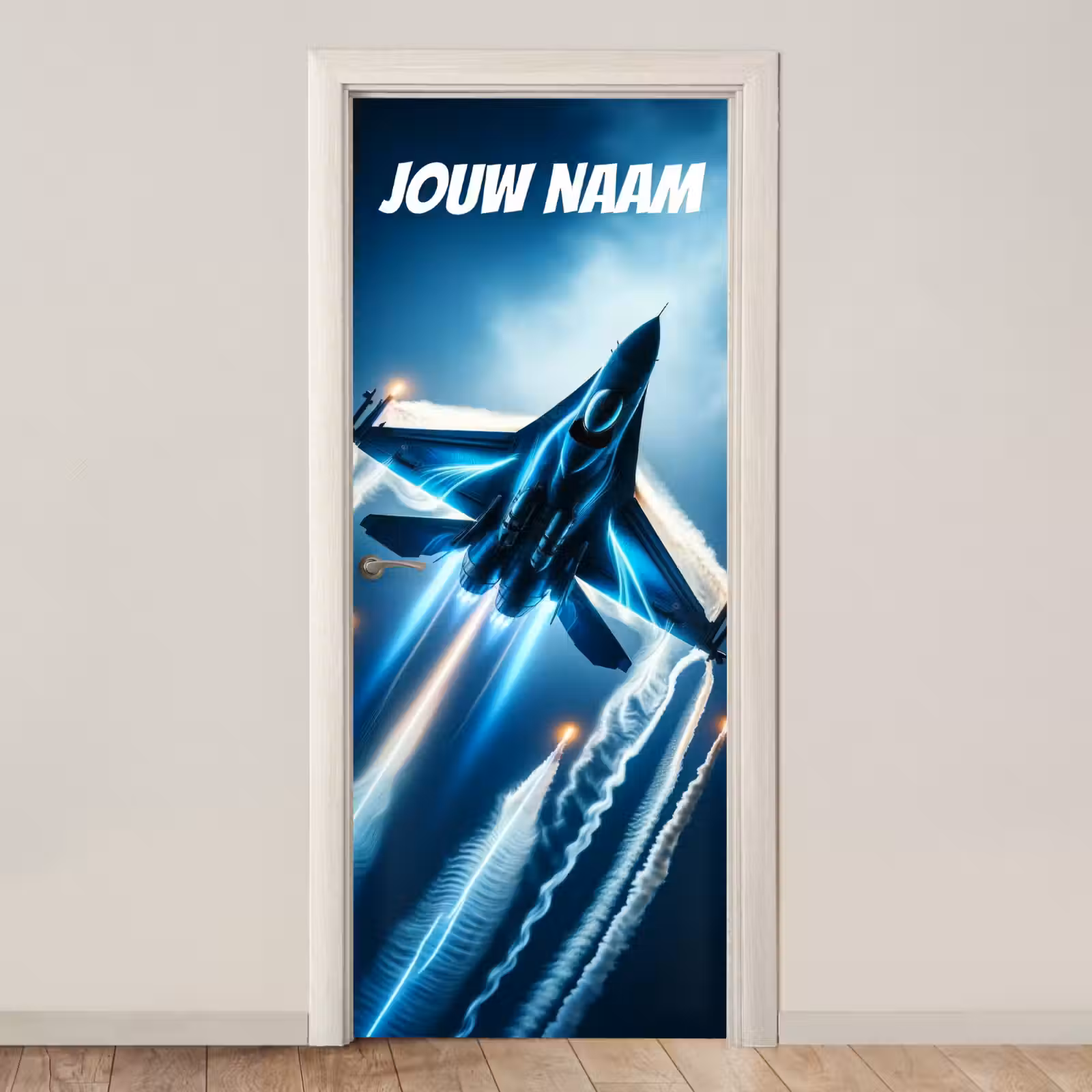 Straaljager met lichtsporen en raketten in de lucht met personaliseerbare tekst bovenaan. deurposter klein -3d_beige