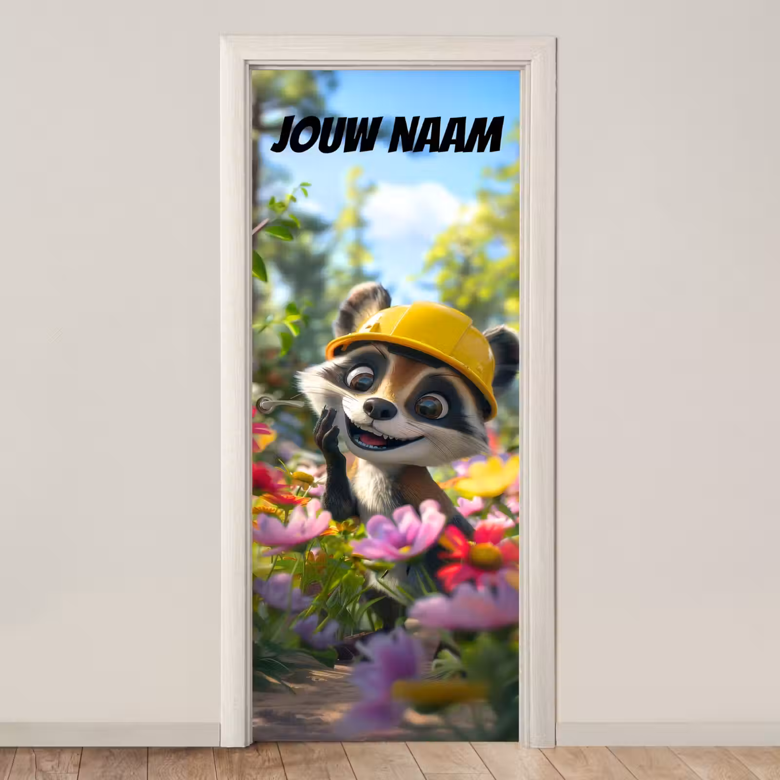 Schattige wasbeer met bouwhelm tussen bloemen en de tekst “Deze kamer is van: jouw naam”. deurposter klein -3d_beige