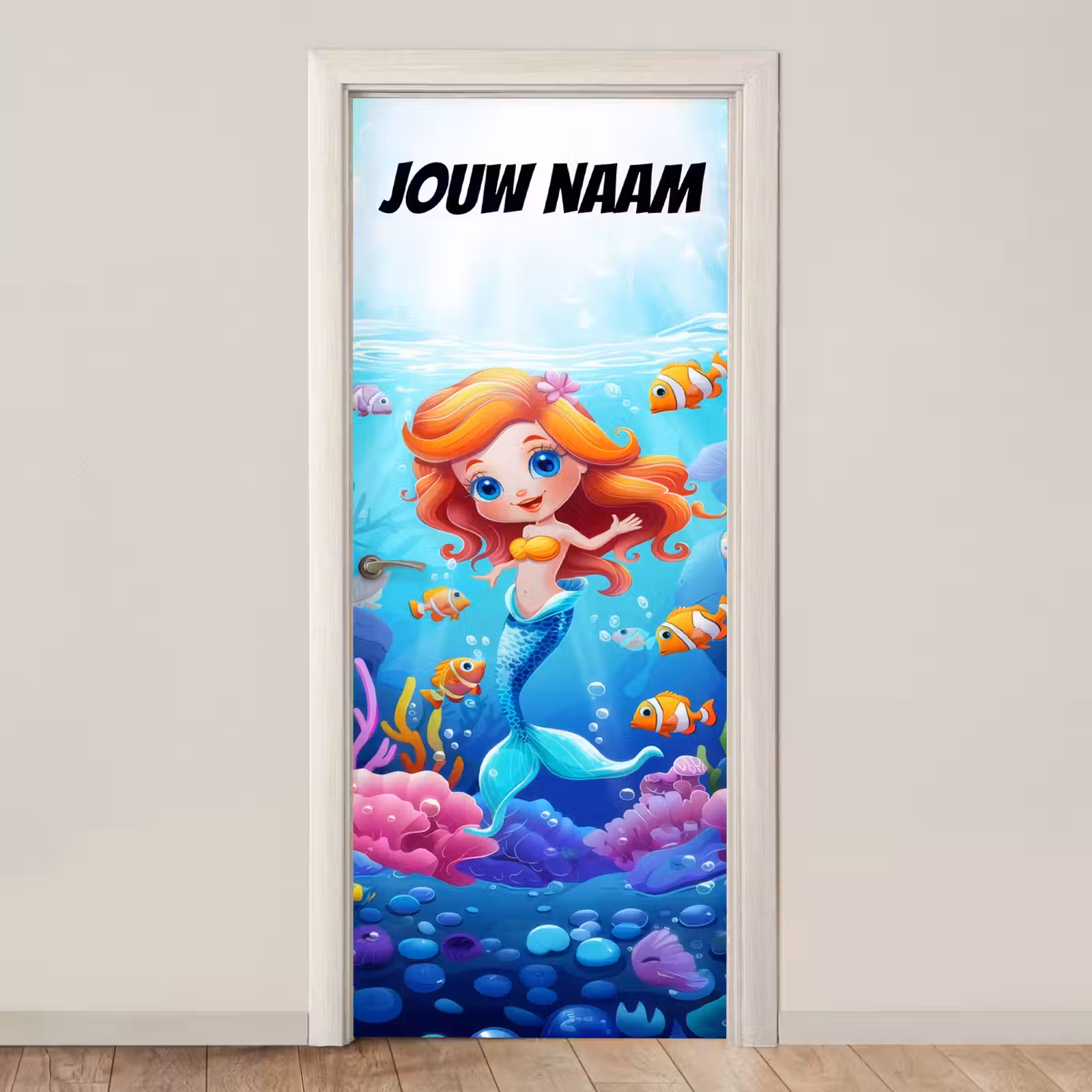Schattige zeemeermin met vissen onder water en de tekst “Deze kamer is van: jouw naam”. deurposter klein -3d_beige