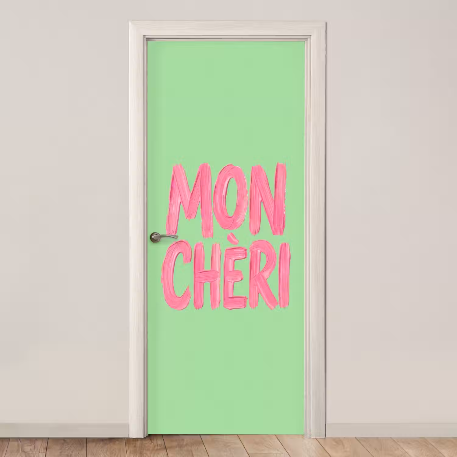 Mon cheri - Groen - Roze deurposter klein -3d_beige