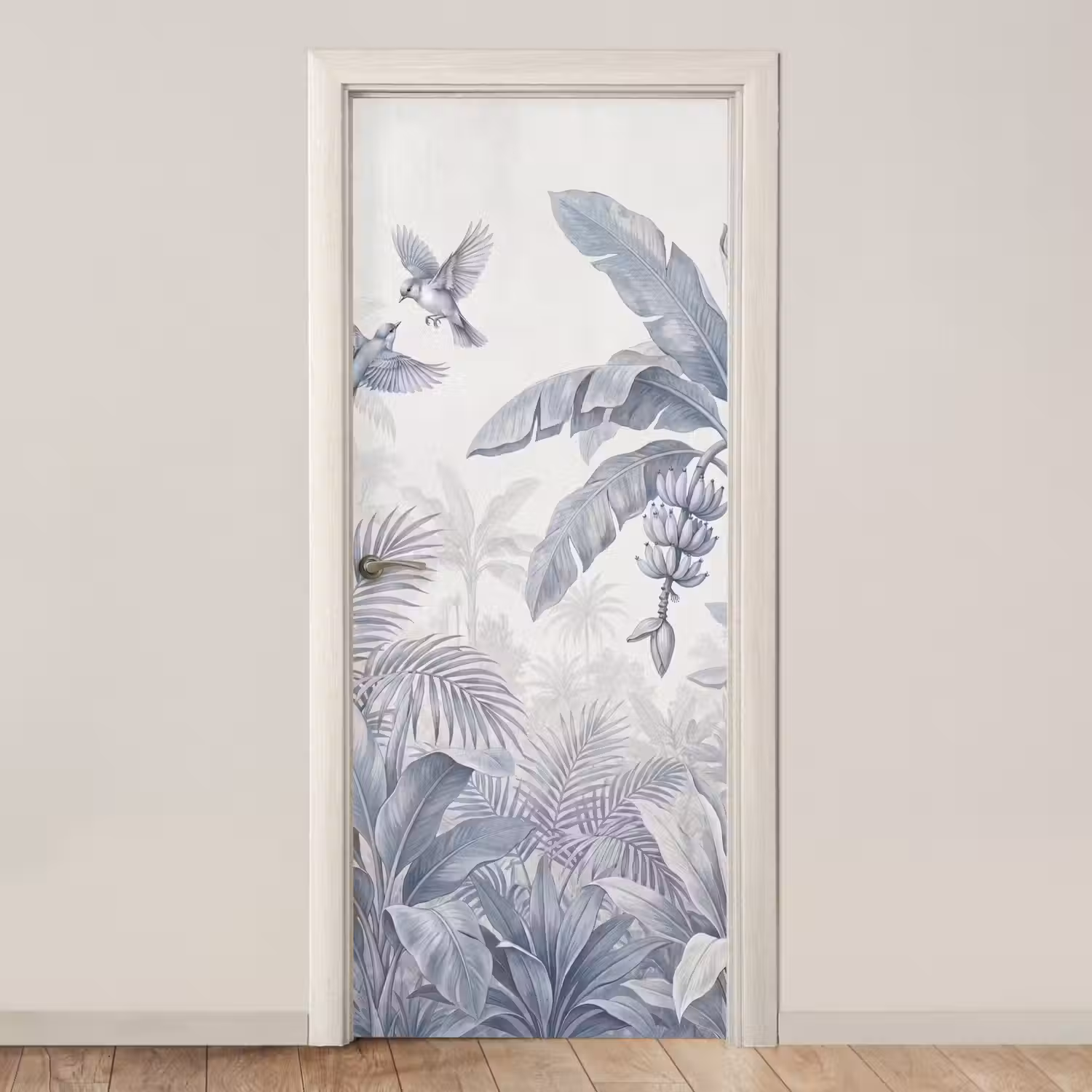Natuur - Vogel - Jungle - Illustratie - Blauw deurposter klein -3d_beige
