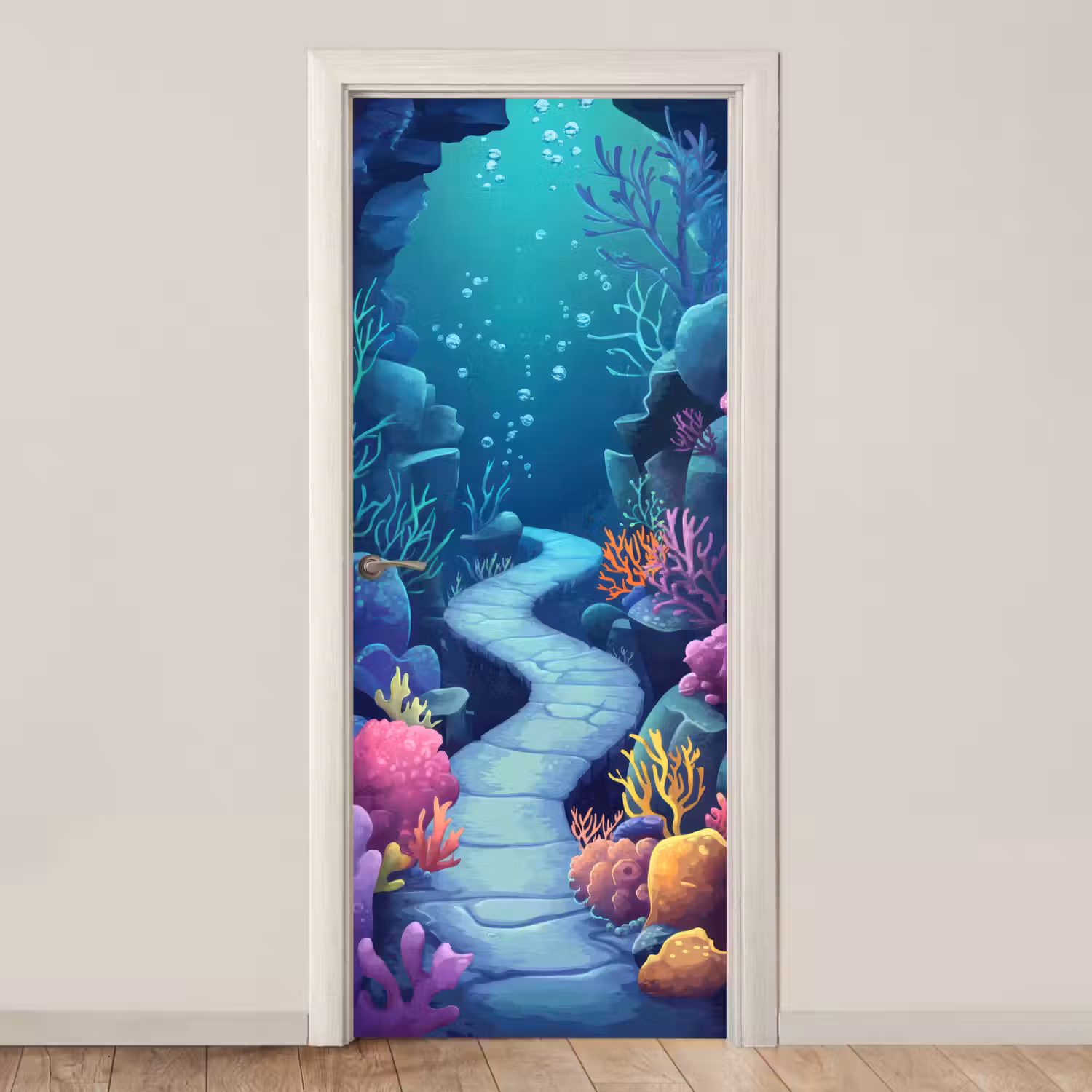 Onderwaterwereld - Grot - Zee - Blauw - Zeewier deurposter klein -3d_beige