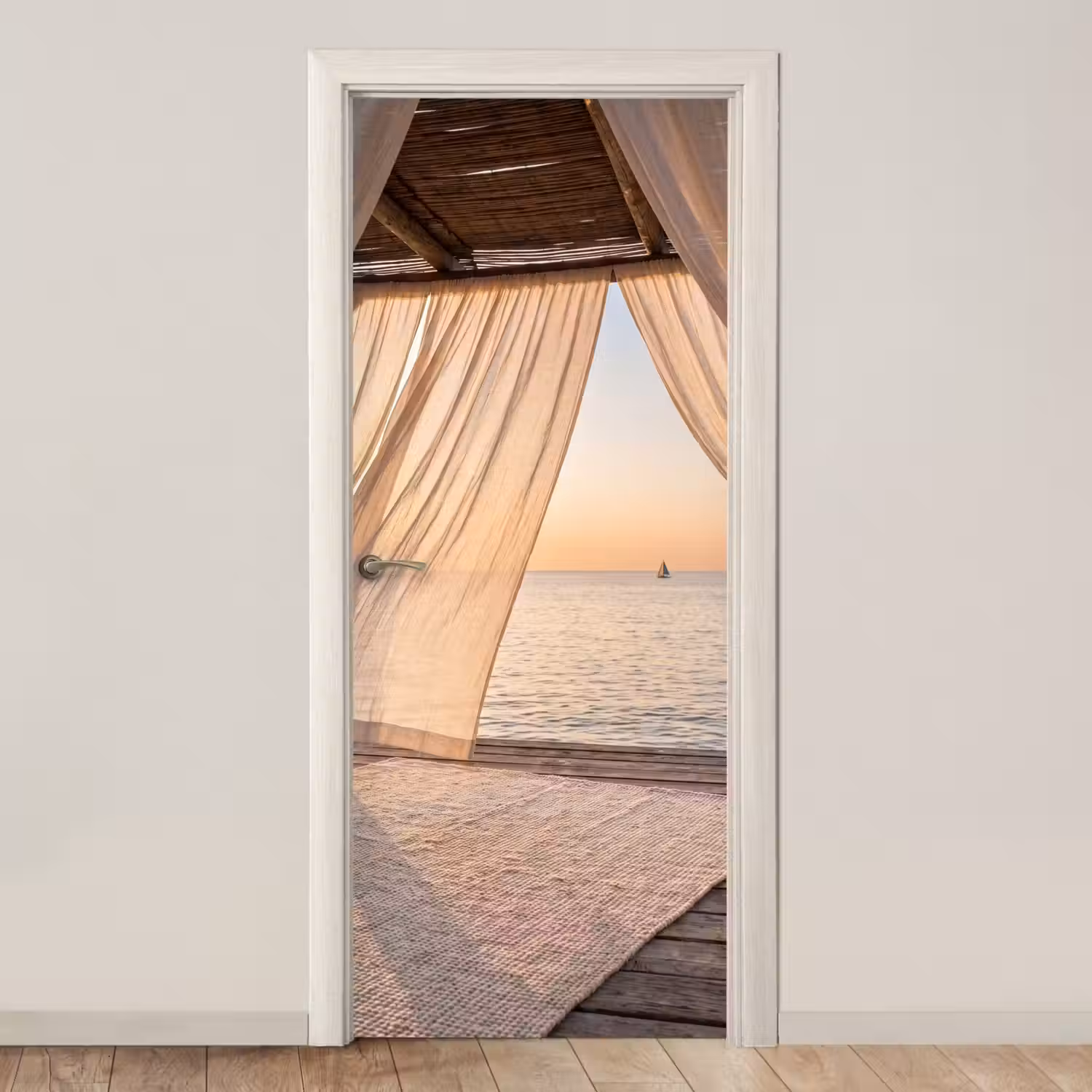 Overkapping - Zee - Zonsondergang - Vakantie - Rust deurposter klein -3d_beige