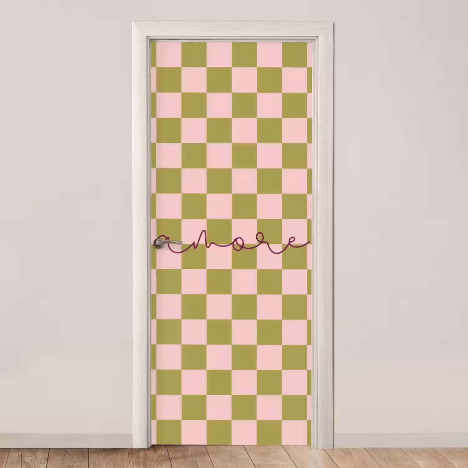 Patroon - Geblokt - Olijfgroen - Amore deurposter klein -3d_beige