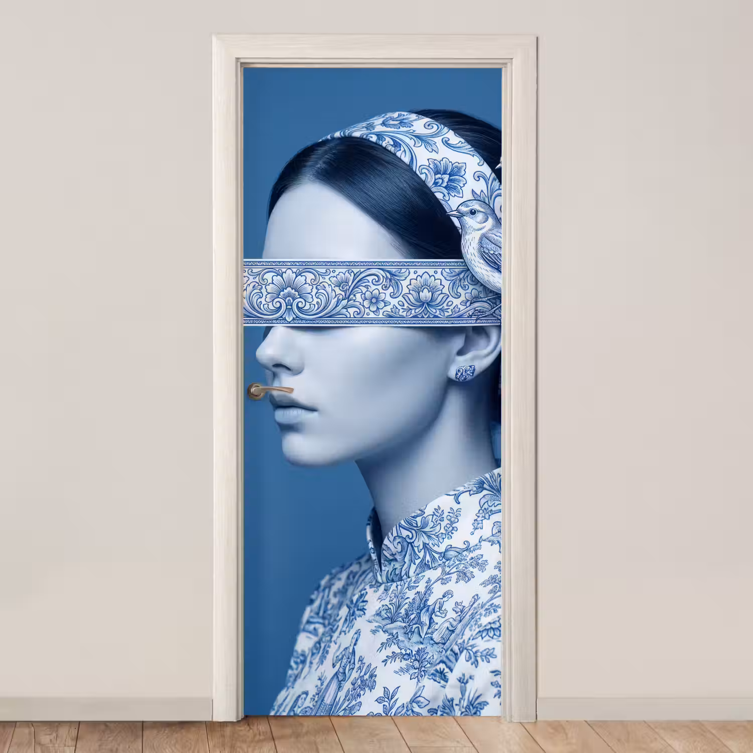 Portret - Klassiek - Wit - Blauw deurposter klein -3d_beige