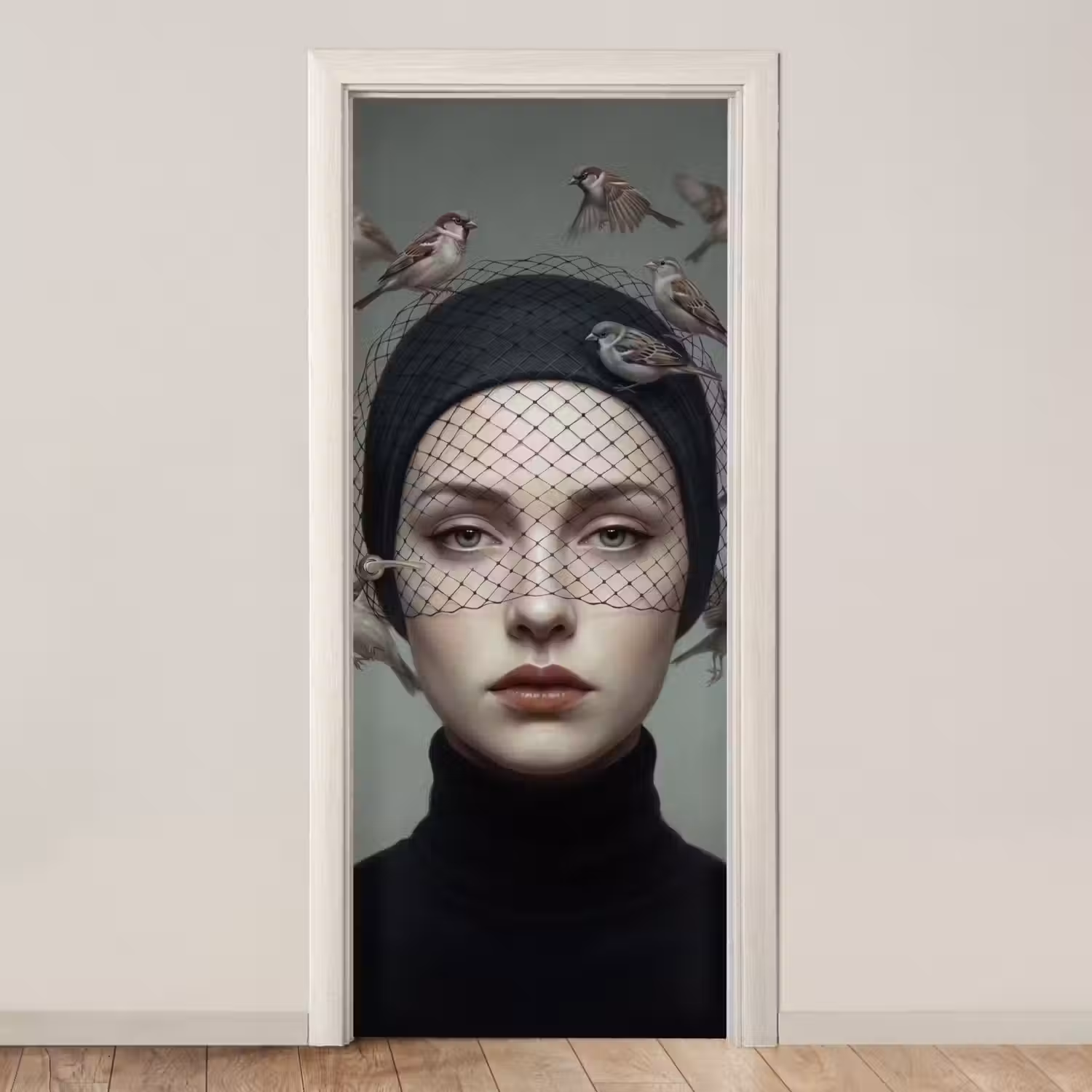 Portret - Vogels - Zwart deurposter klein -3d_beige