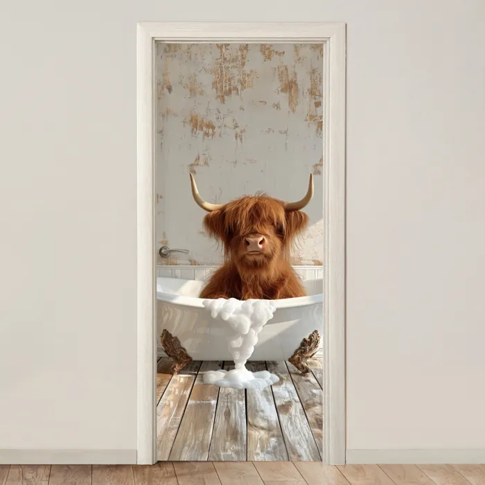 Schotse hooglander - Badkuip - Vintage - Koe deurposter klein -3d_beige