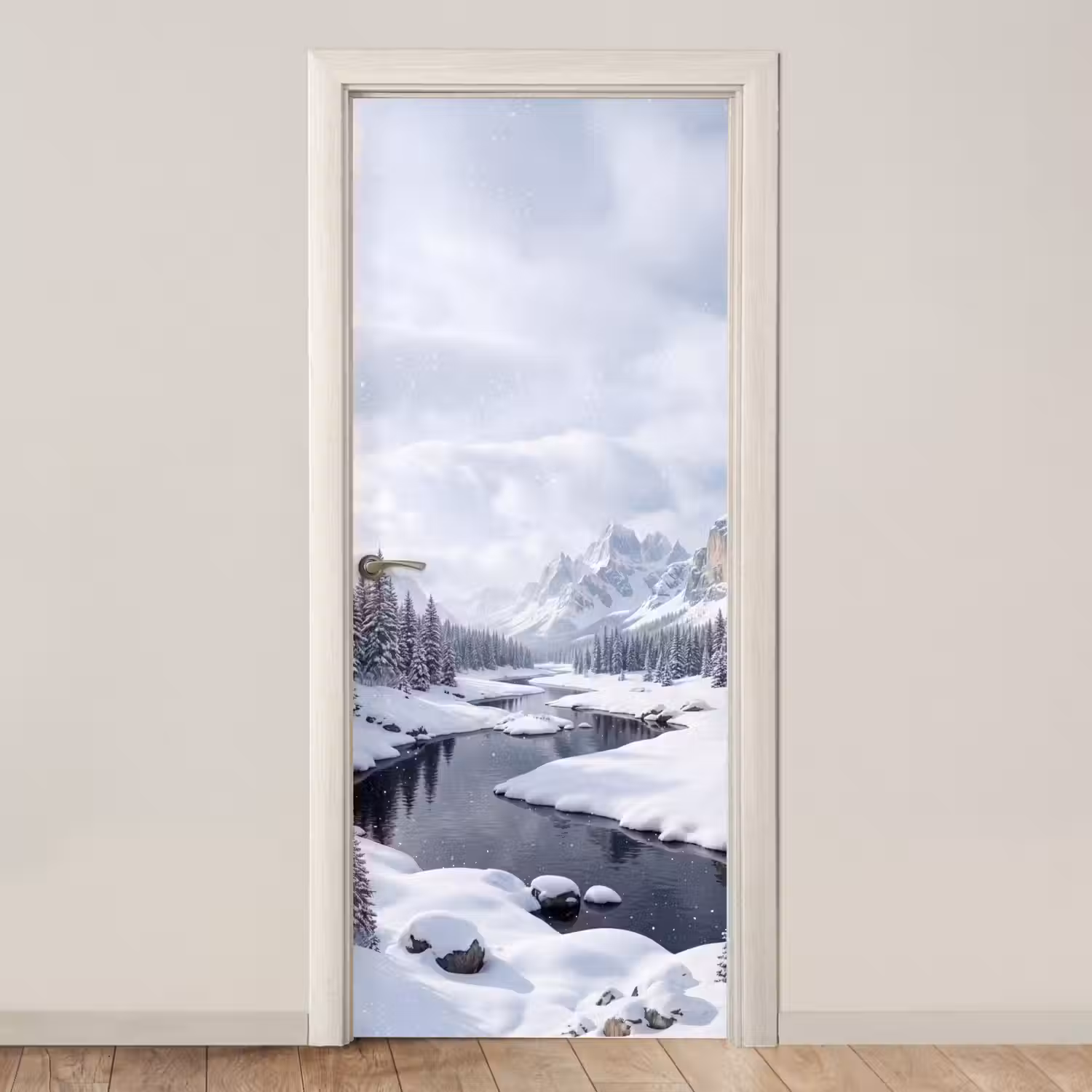 Sneeuwlandschap - Bergen - Rivier - Winter deurposter klein -3d_beige