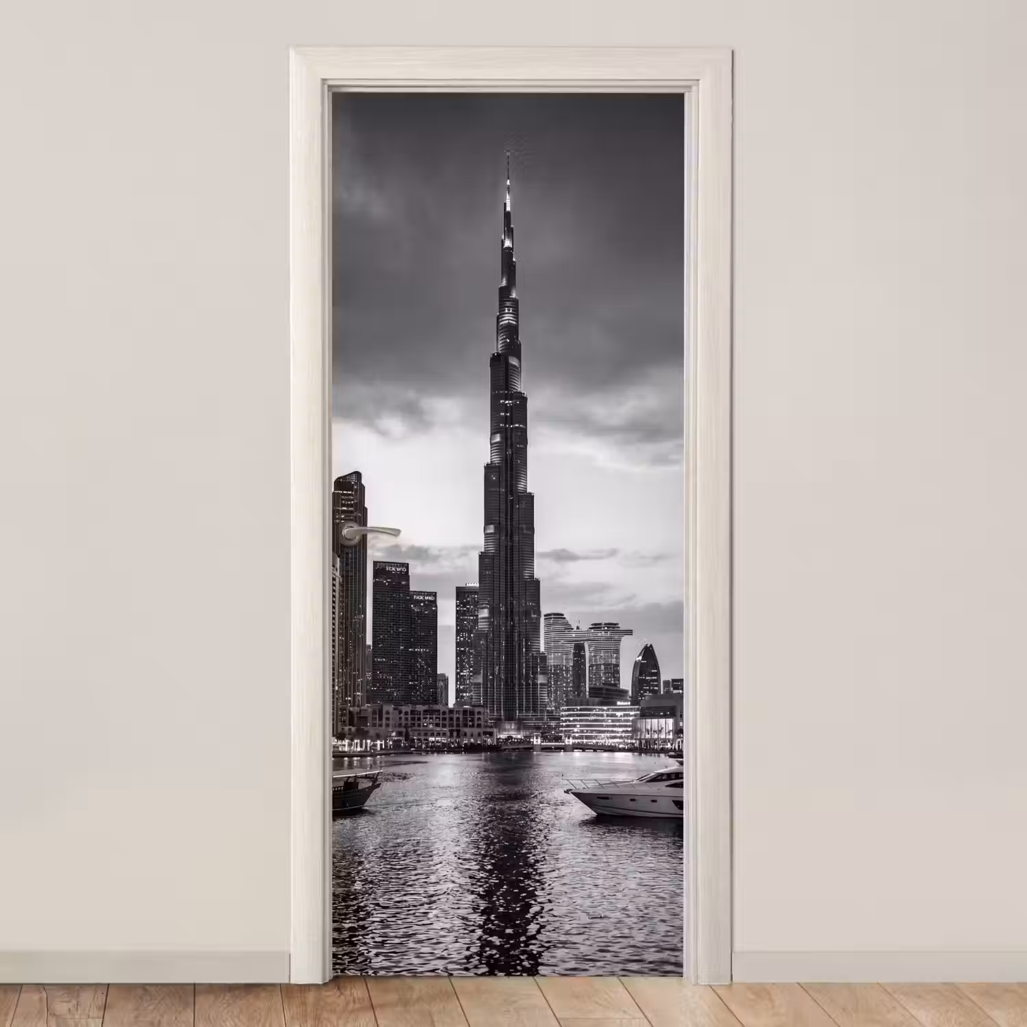 Stad - Skyline - Architectuur - Avond - Zwart-wit deurposter klein -3d_beige