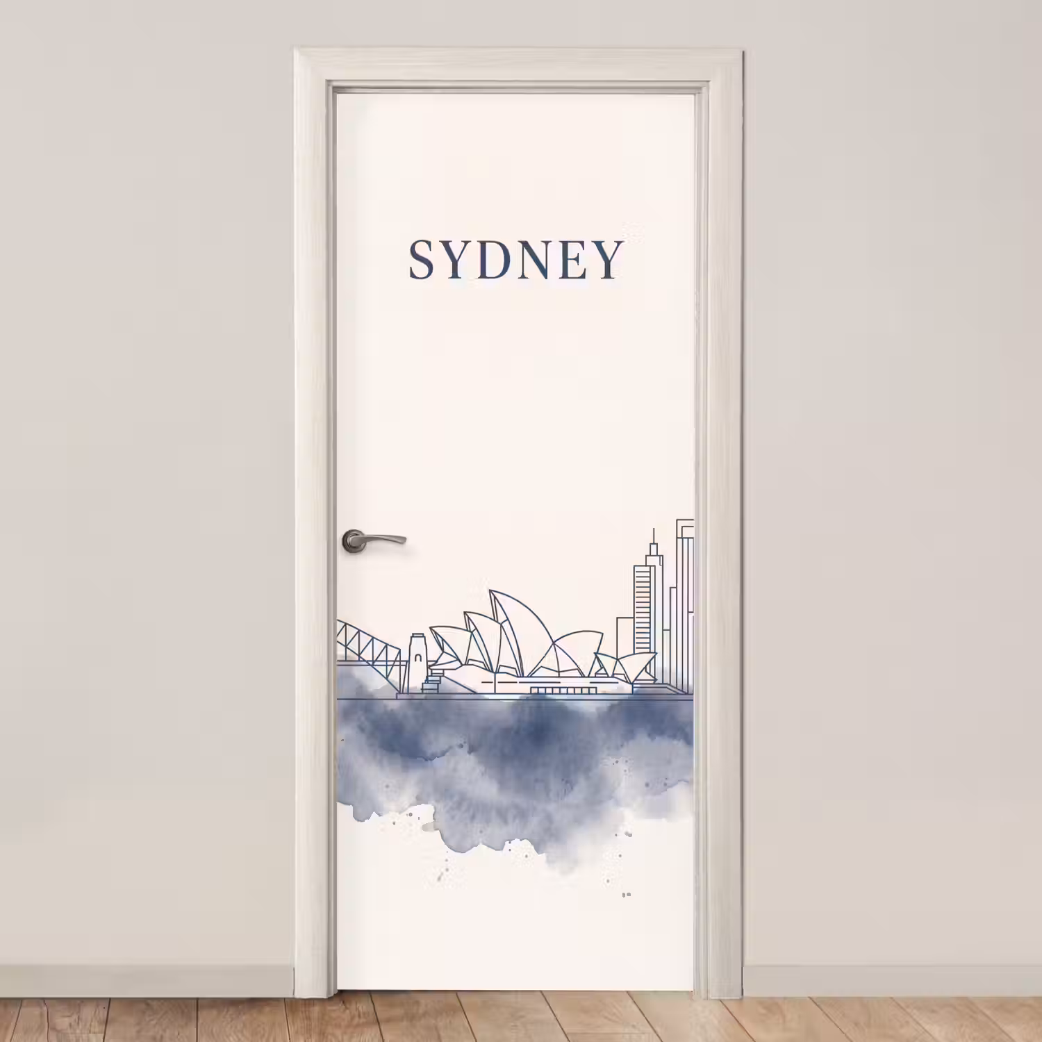 Stad - Skyline - Architectuur - Minimalistisch - Blauw deurposter klein -3d_beige