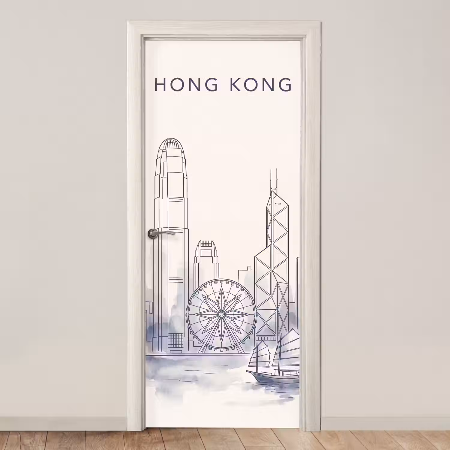 Stad - Skyline - Water - Lijntekening - Blauw deurposter klein -3d_beige