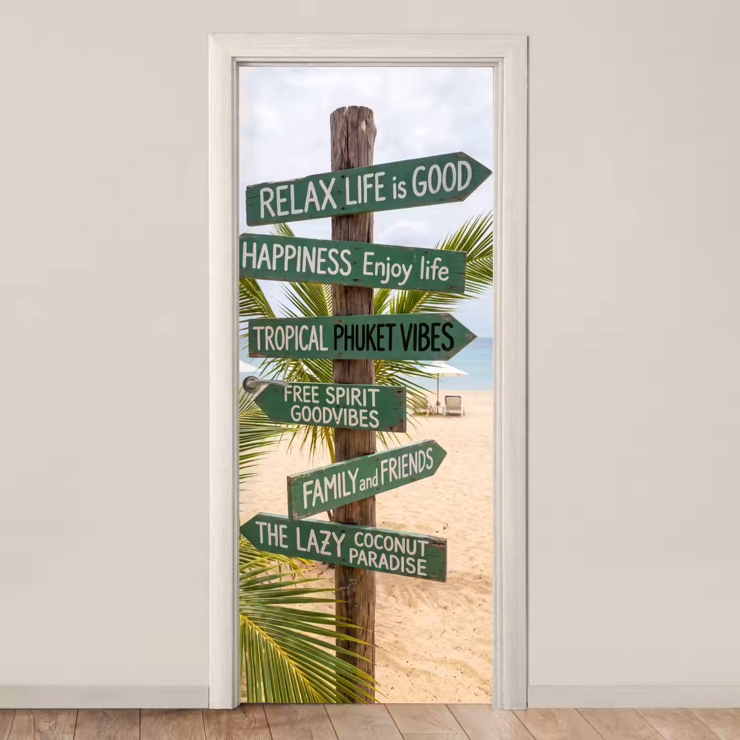 Strand - Wegwijzer - Palmen - Tropisch - Groen deurposter klein -3d_beige