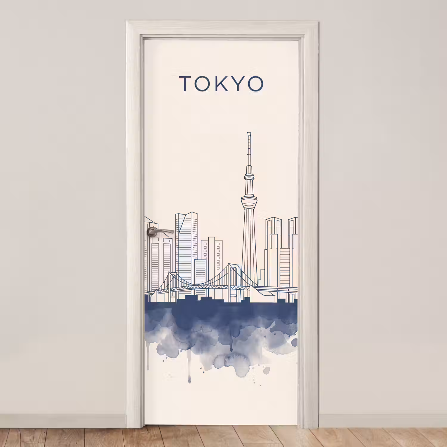 Tokyo - Skyline - Stad - Abstract - Blauw deurposter klein -3d_beige