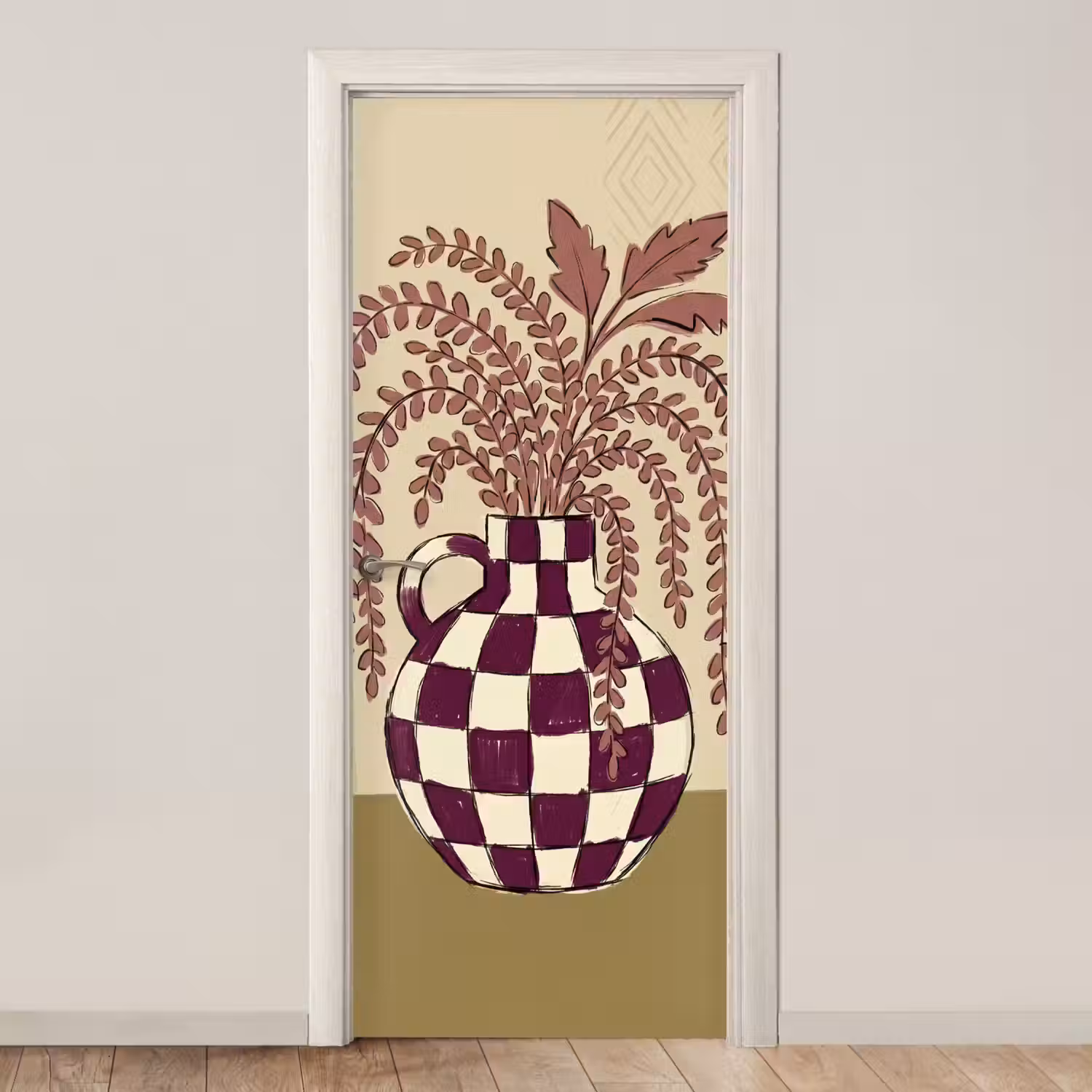 Vaas - Geruit - Planten - Modern - Paars deurposter klein -3d_beige