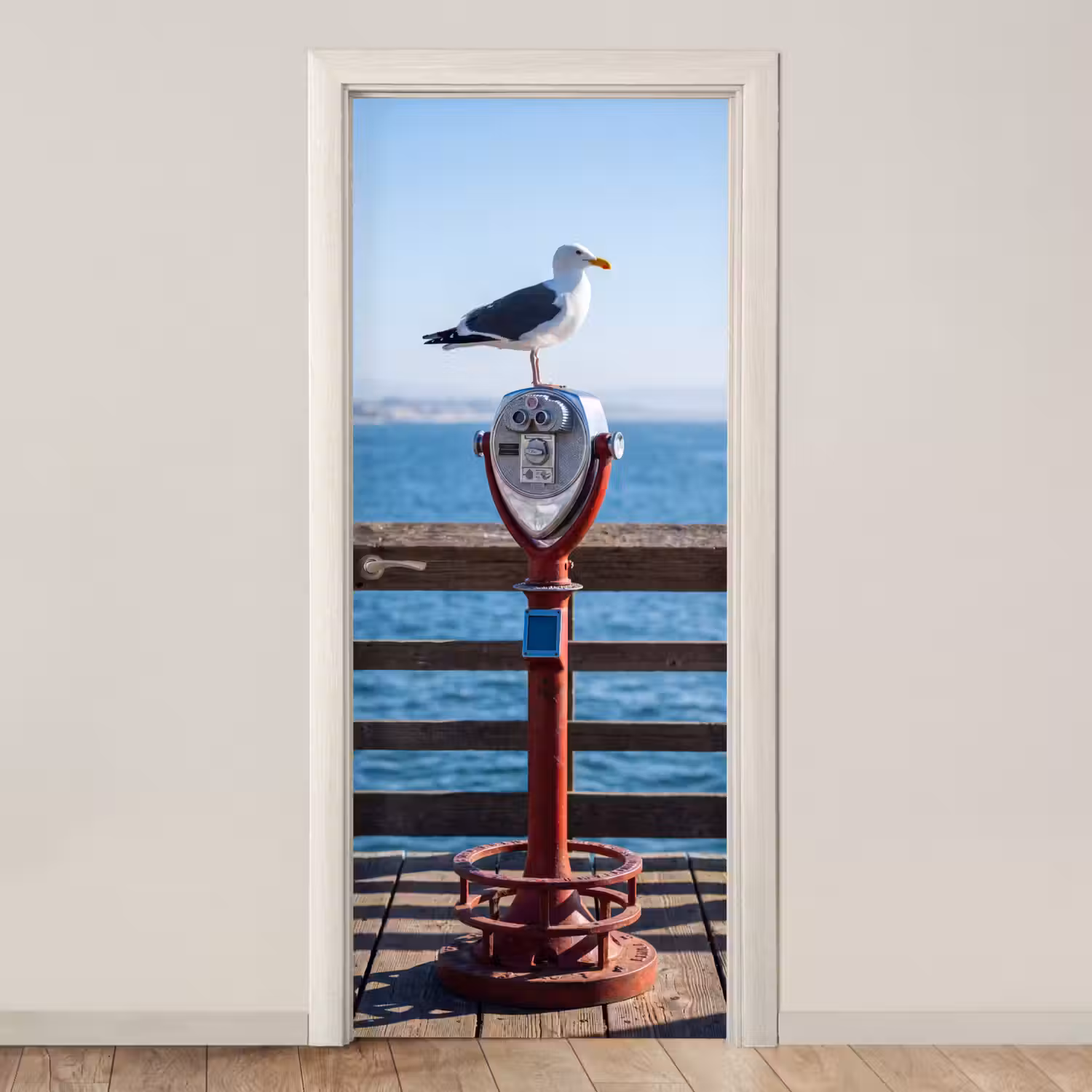 Vogel - Verrekijker - Kust - Zee - Blauw deurposter klein -3d_beige